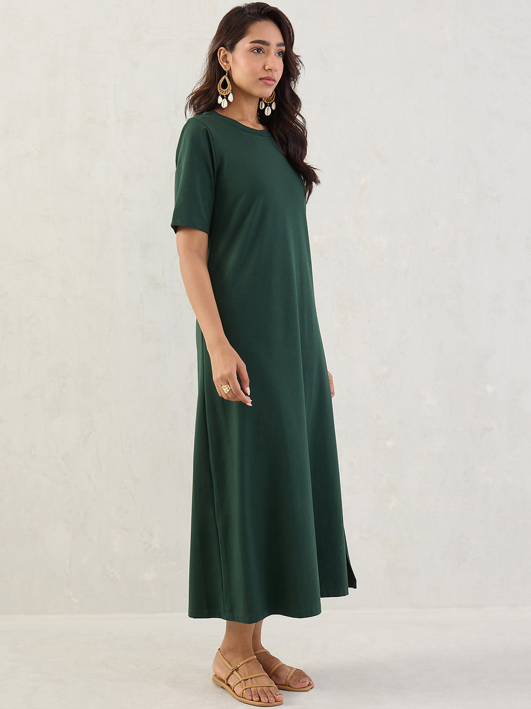 Forest Green Cotton Knit Slit Maxi Dress