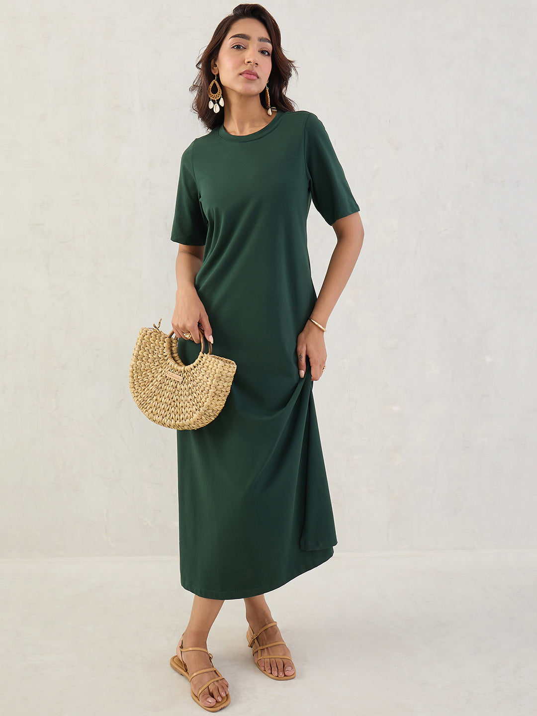 Forest Green Cotton Knit Slit Maxi Dress