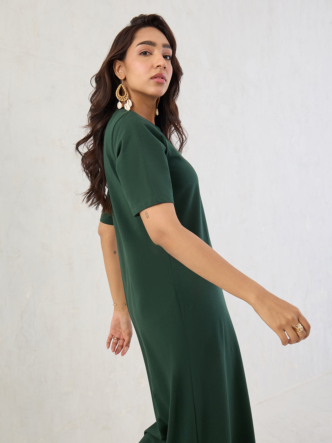 Forest Green Cotton Knit Slit Maxi Dress