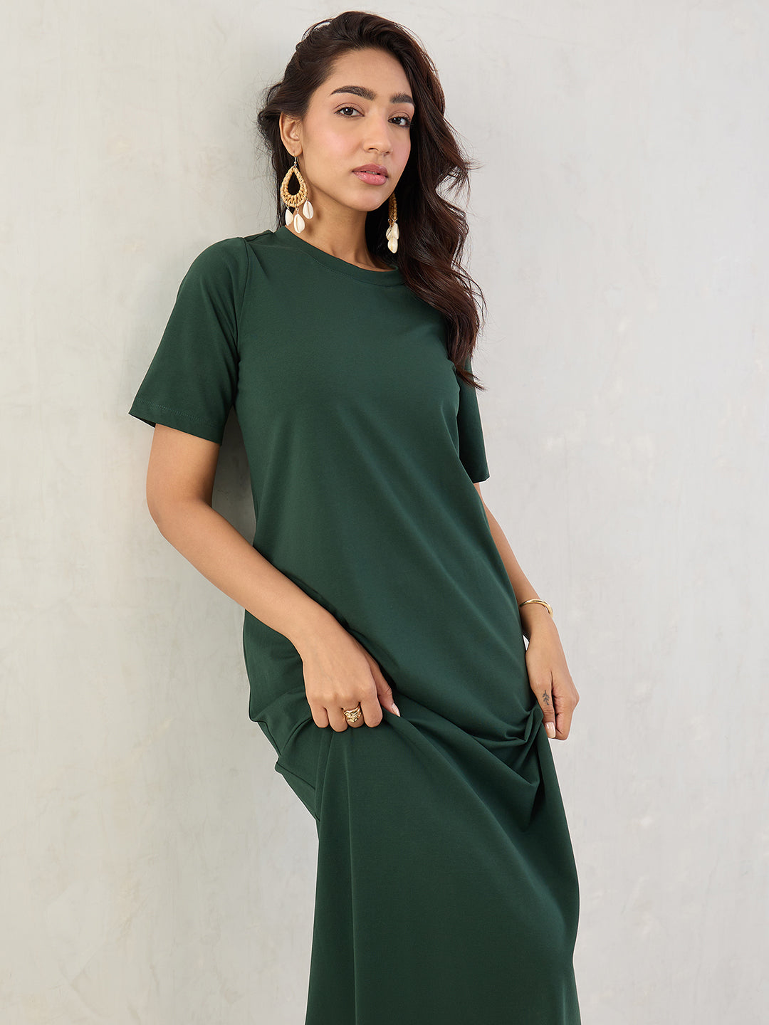 Forest Green Cotton Knit Slit Maxi Dress