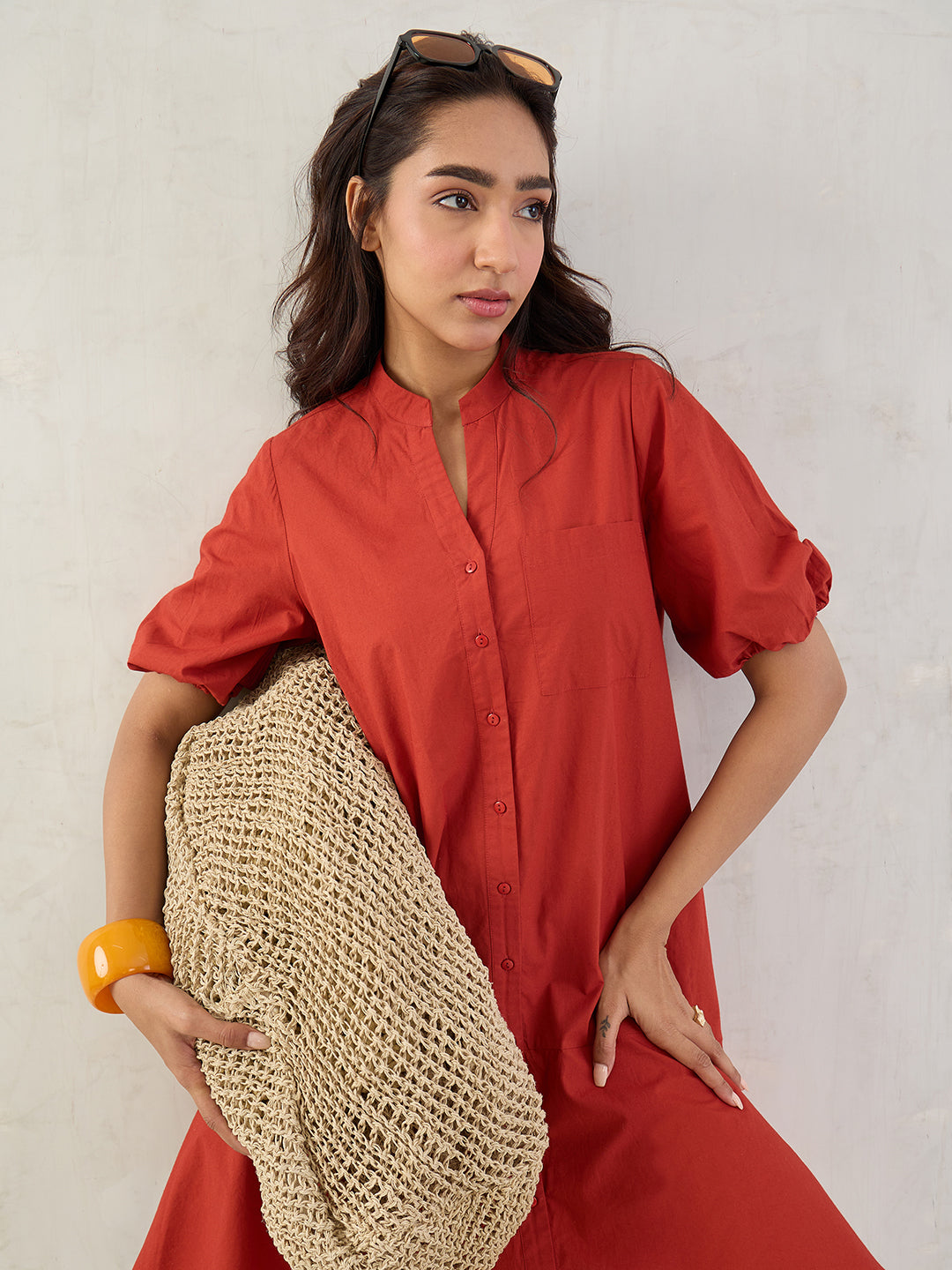 Rust Poplin Button Down Knee Length Dress