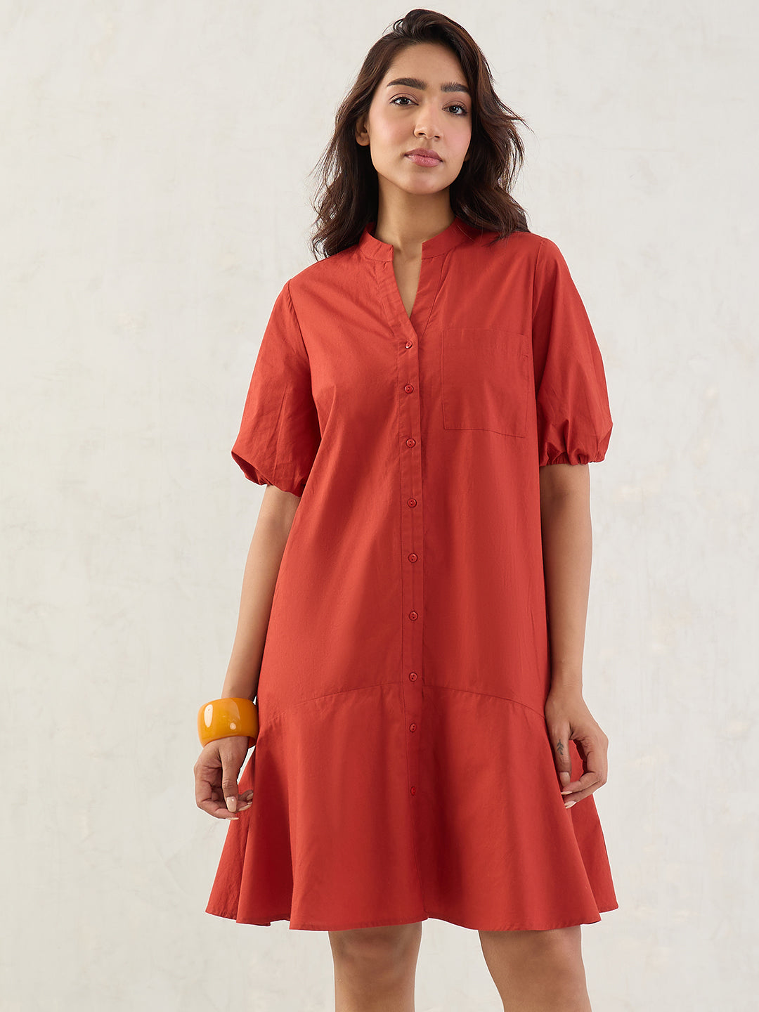 Rust Poplin Button Down Knee Length Dress