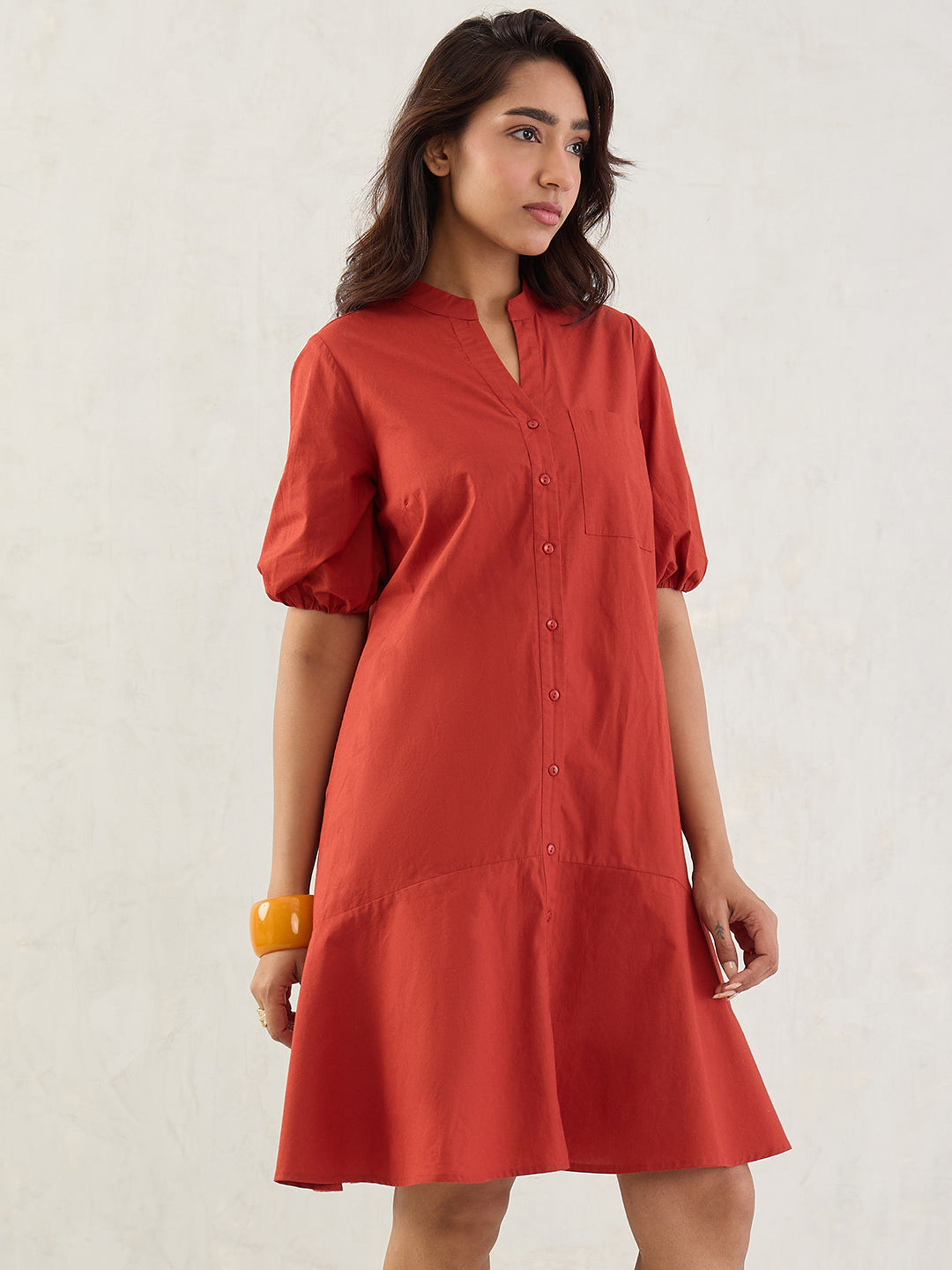 Rust Poplin Button Down Knee Length Dress