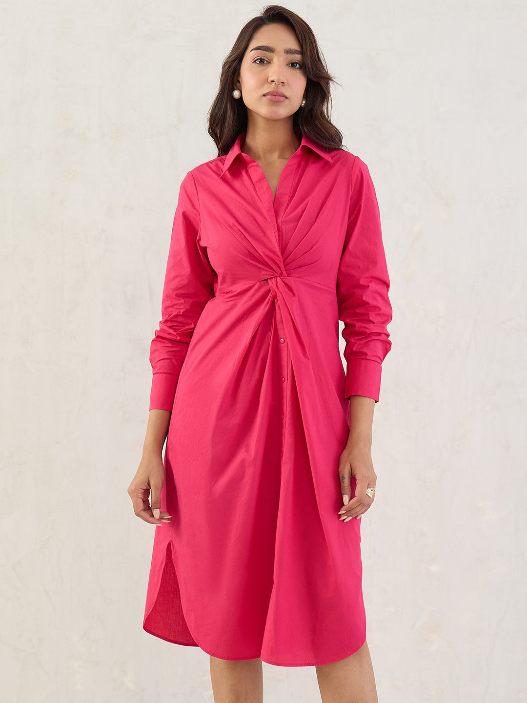 Pink Poplin Knot Detail Midi Dress