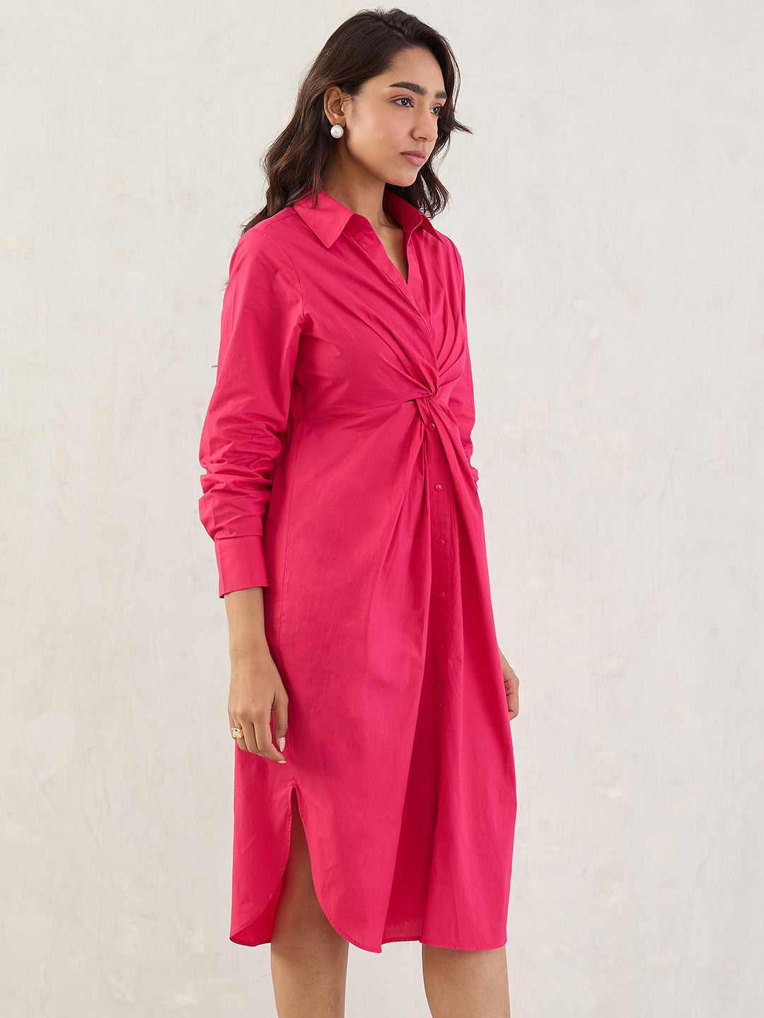 Pink Poplin Knot Detail Midi Dress