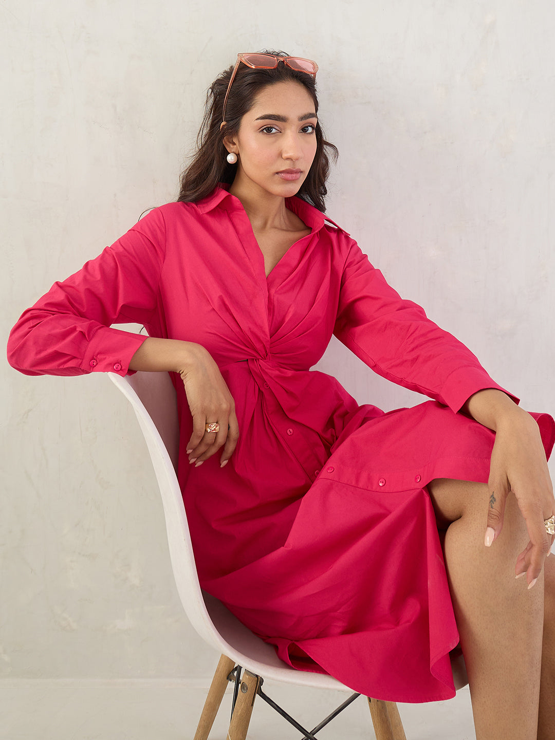 Pink Poplin Knot Detail Midi Dress