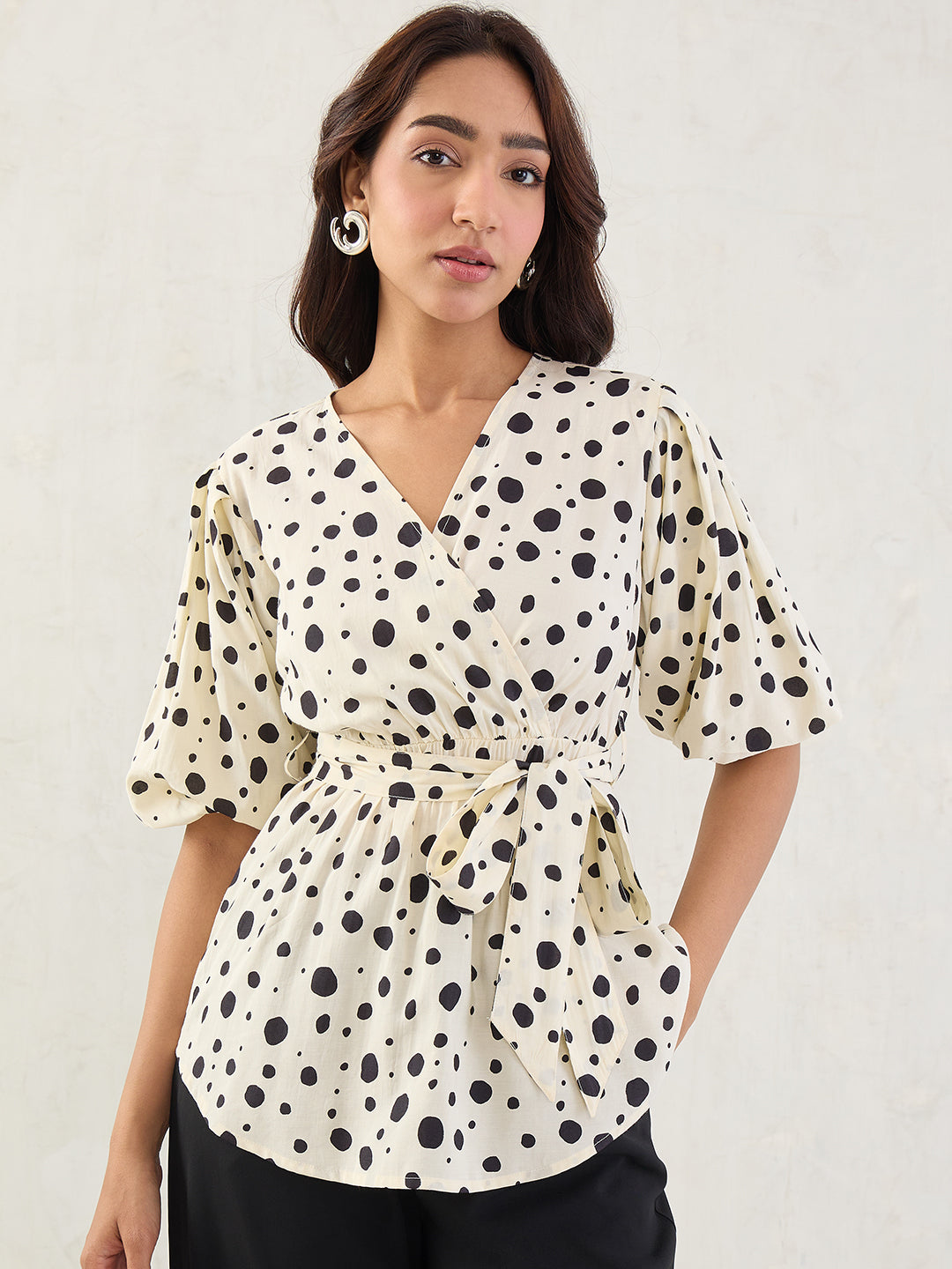 White Polka Dot Wrap Top