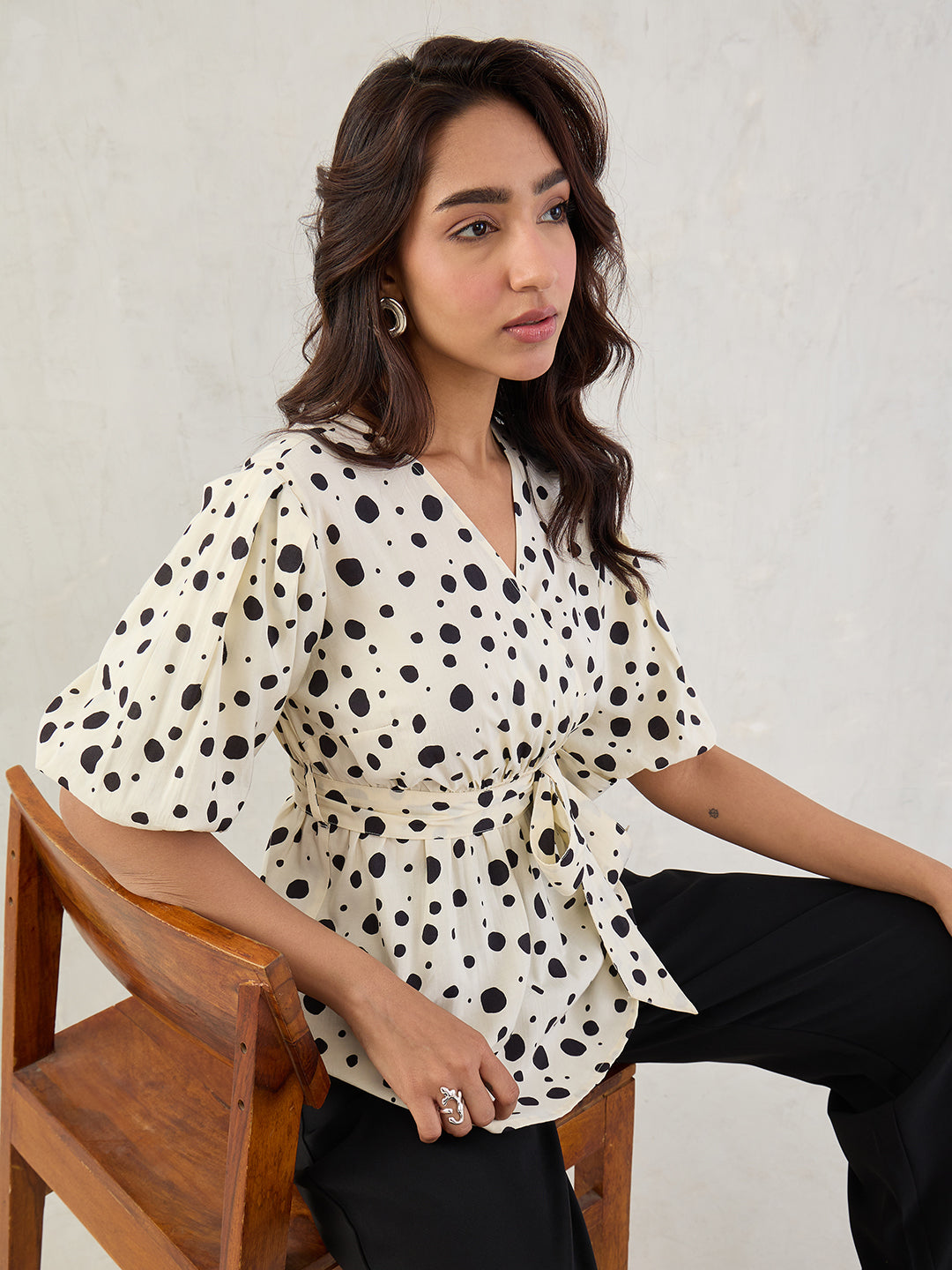 White Polka Dot Wrap Top