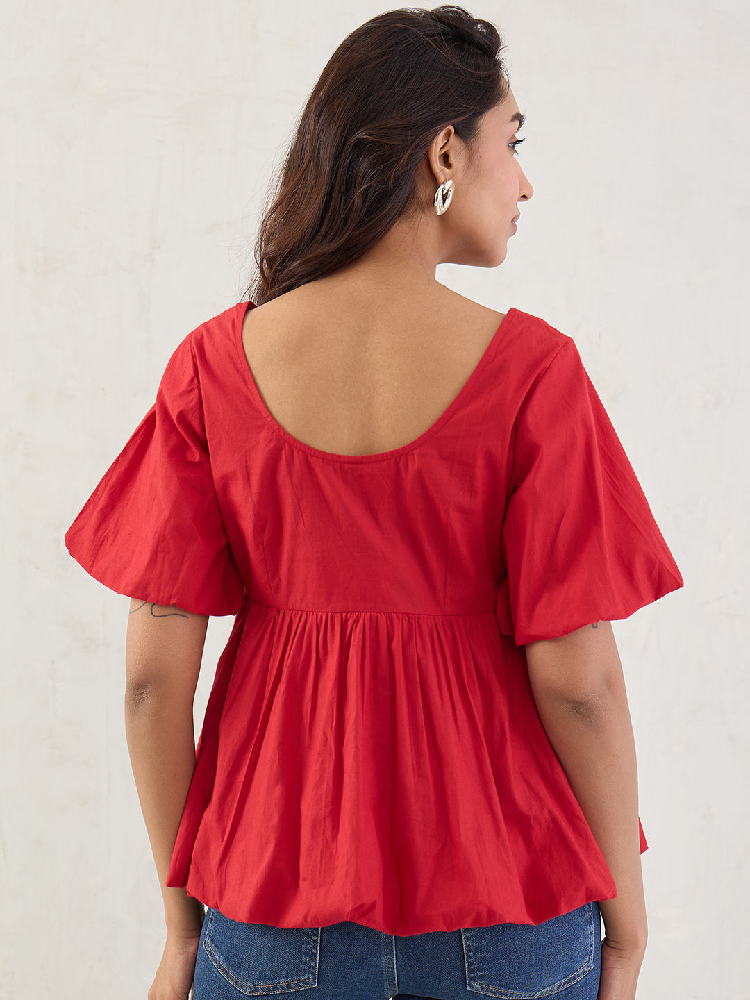 Red Poplin Bubble Hem Top