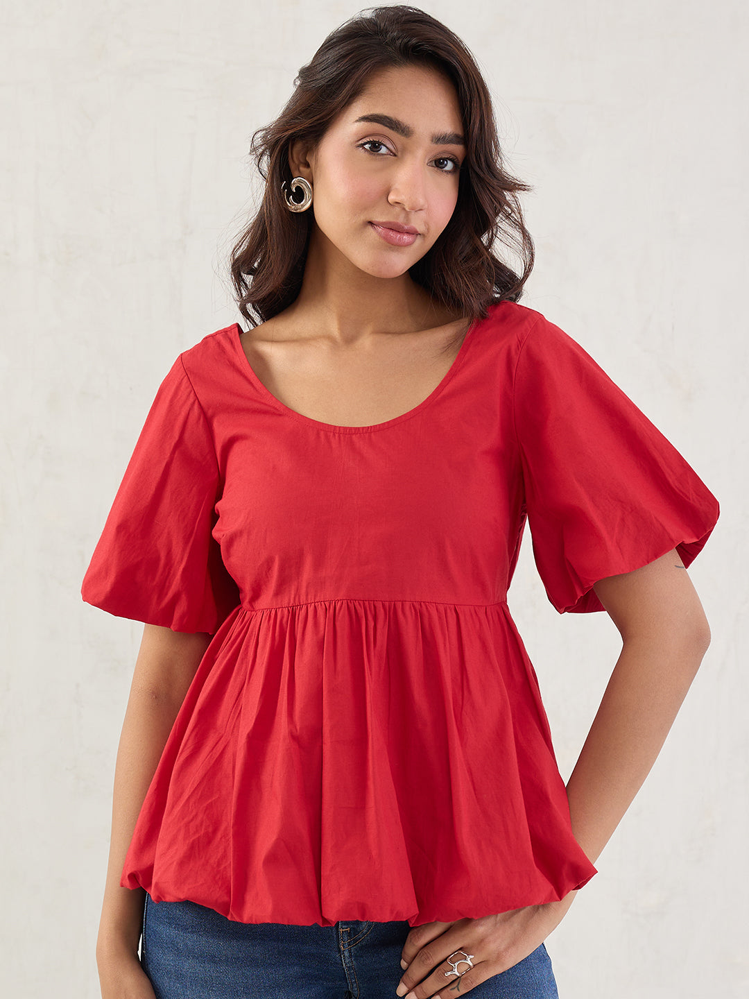 Red Poplin Bubble Hem Top