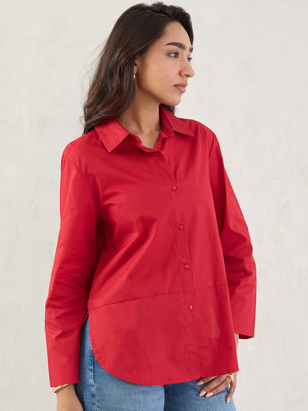 Red Poplin Button Down Shirt