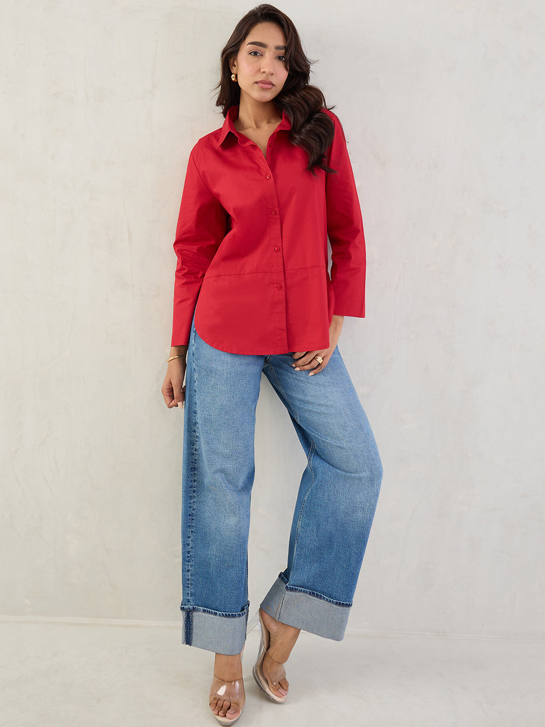 Red Poplin Button Down Shirt