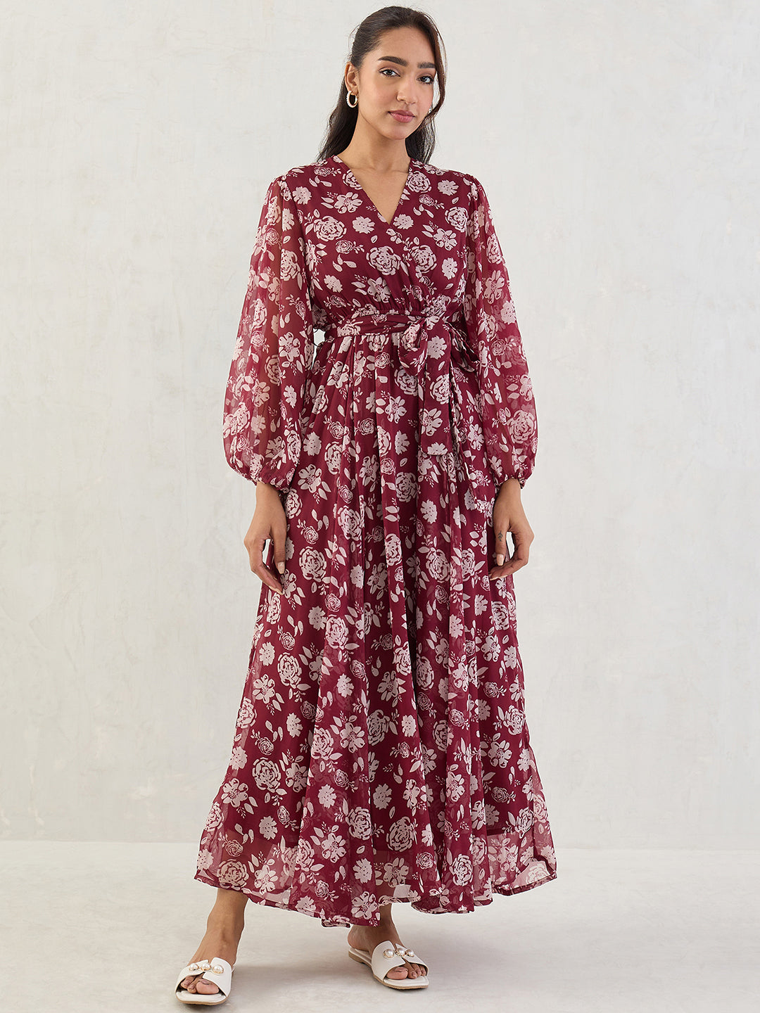 Deep Red Floral Print Wrap Maxi Dress