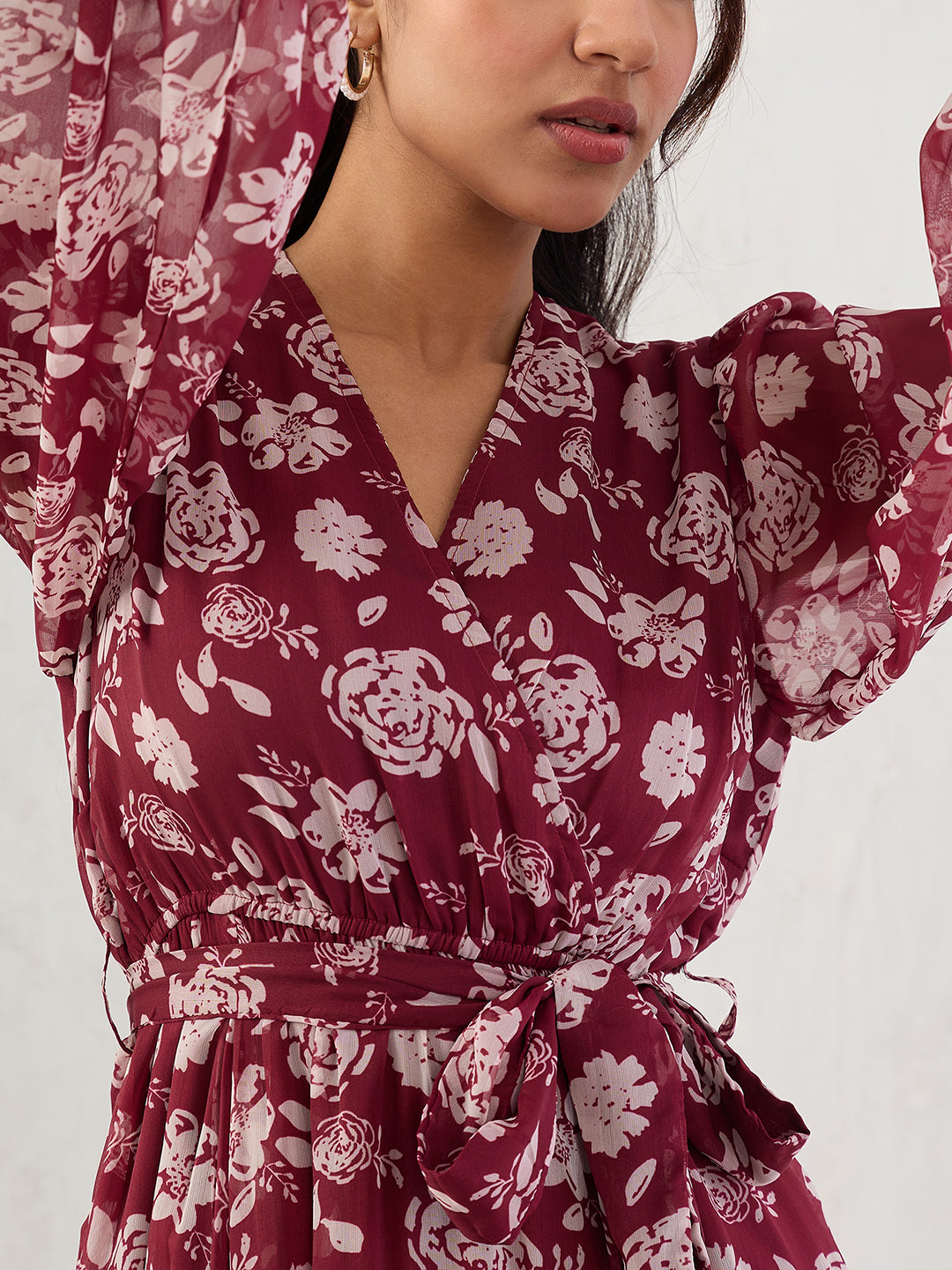 Deep Red Floral Print Wrap Maxi Dress