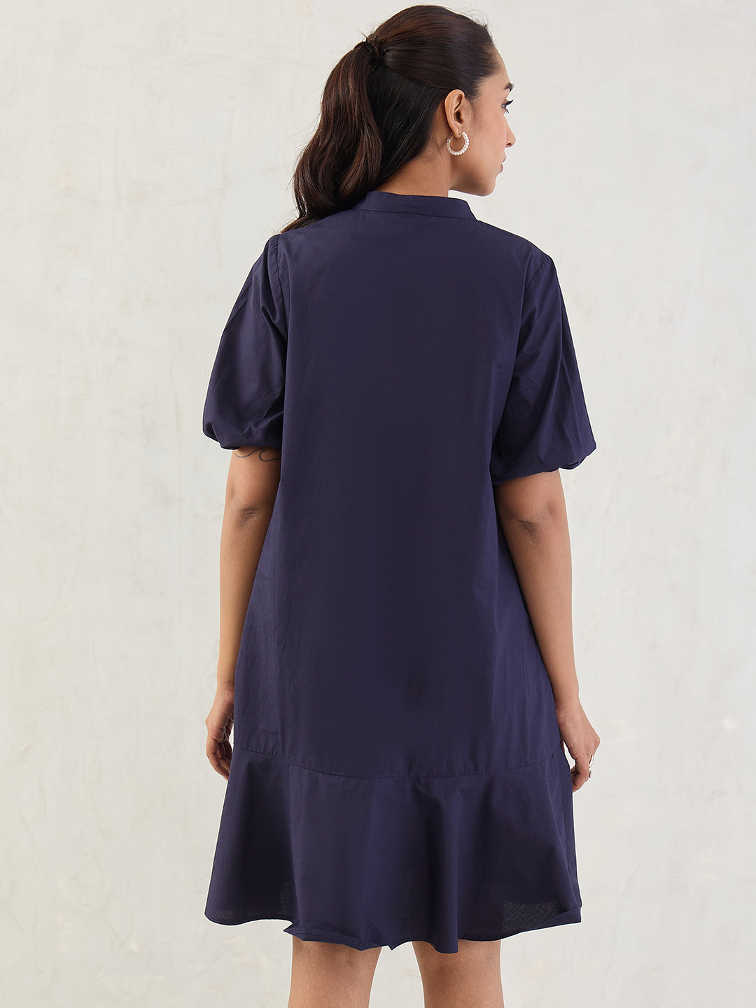 Navy Poplin Button Down Knee Length Dress