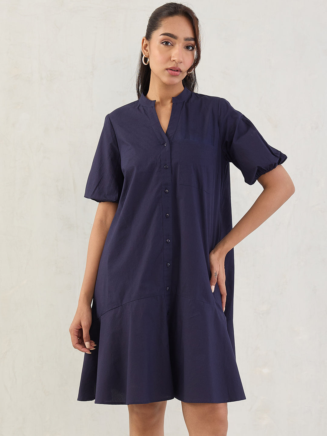 Navy Poplin Button Down Knee Length Dress