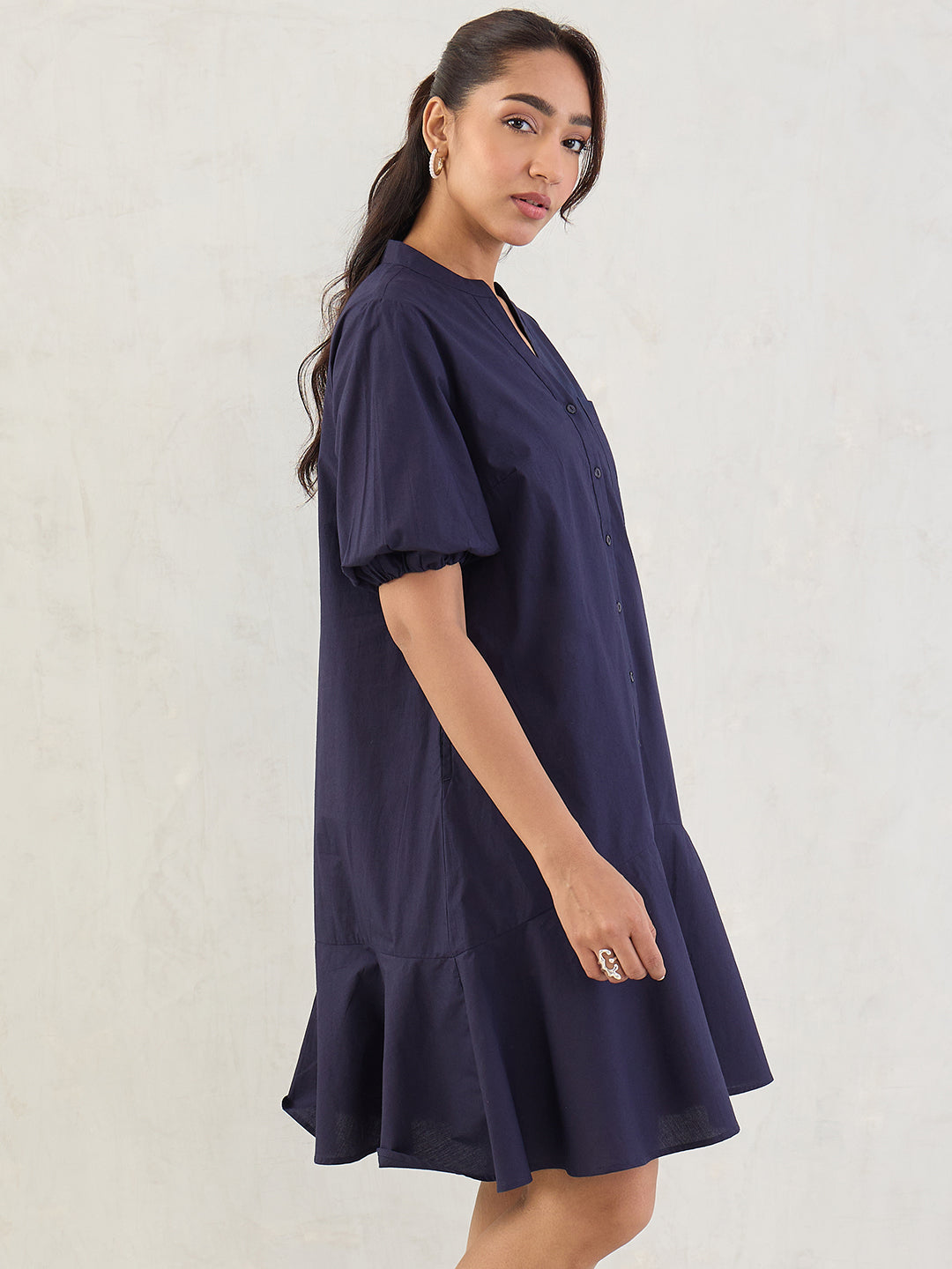 Navy Poplin Button Down Knee Length Dress