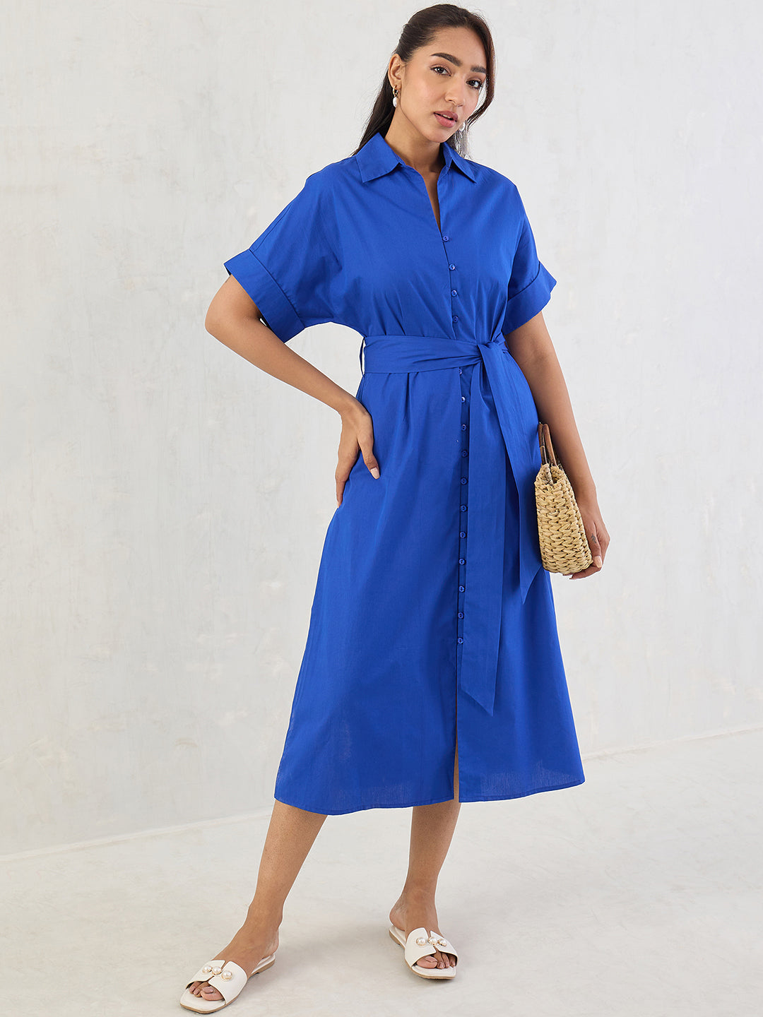Royal Blue Poplin Shirt Midi Dress