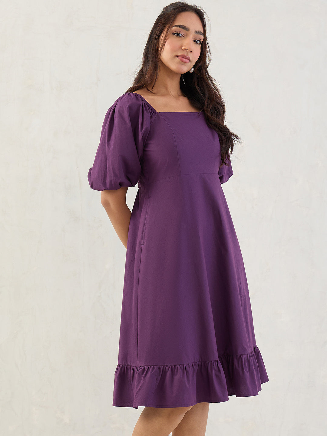 Deep Purple Poplin Square Neck Midi Dress