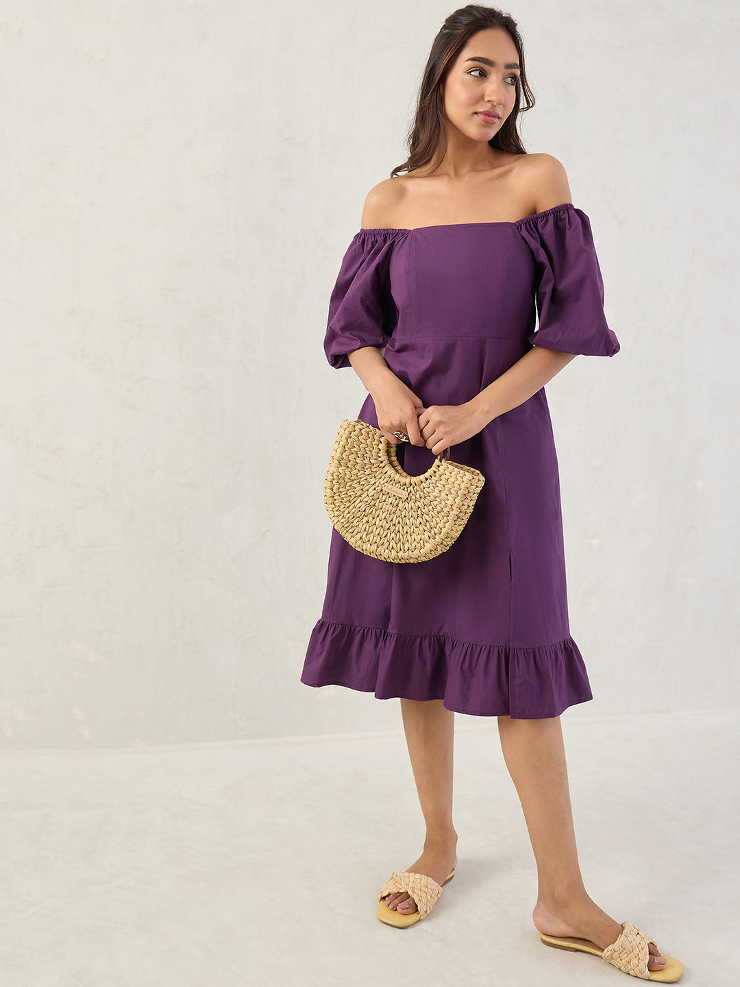 Deep Purple Poplin Square Neck Midi Dress