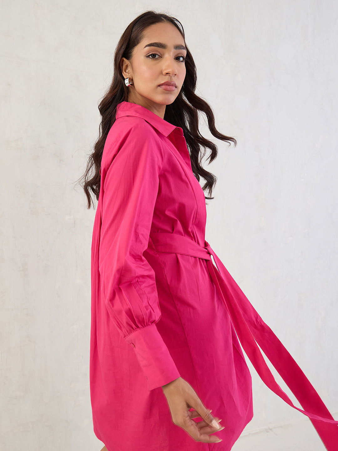 Hot Pink Poplin Pleated Mini Dress