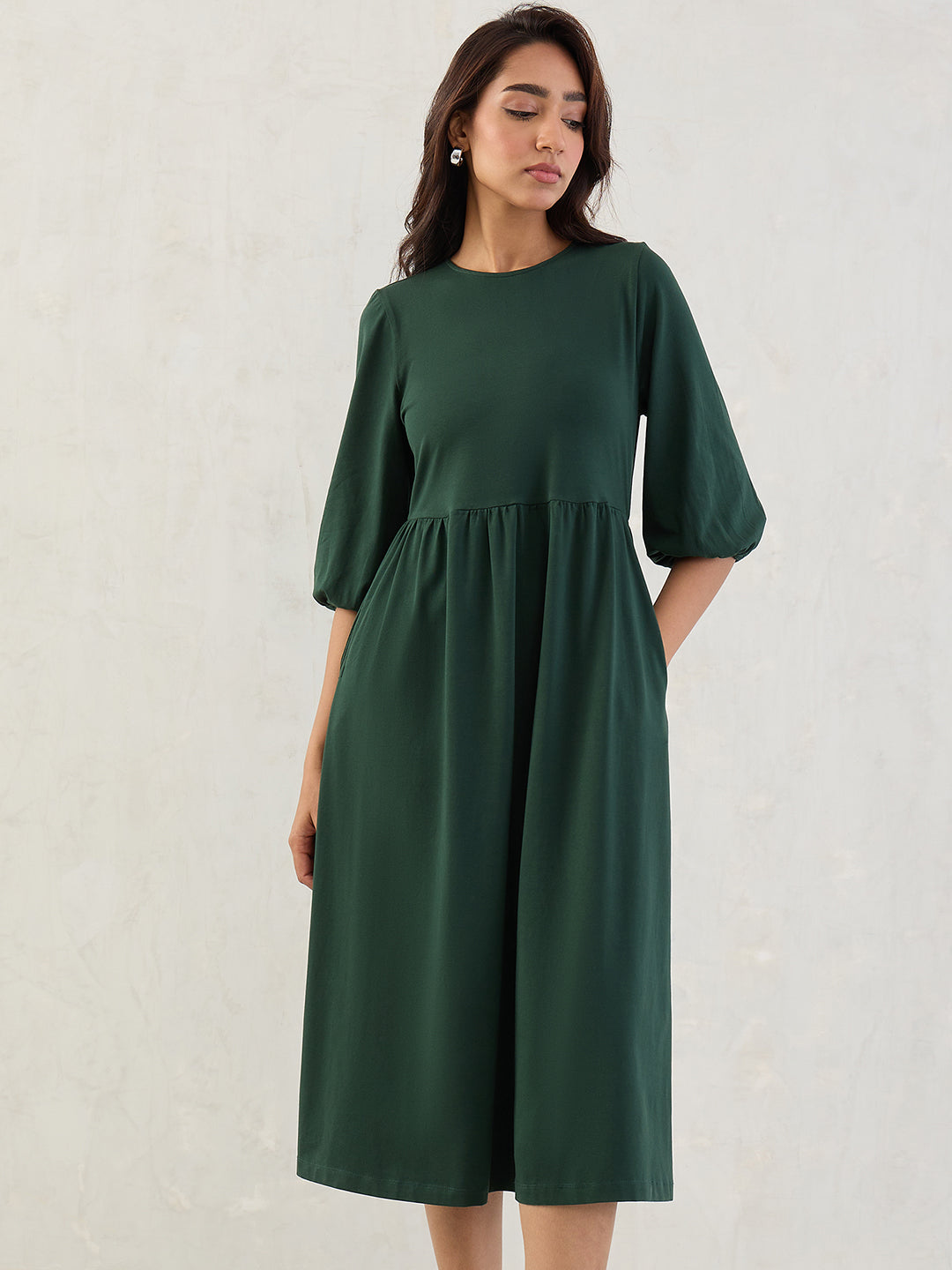 Forest Green Cotton Knitted Midi Dress