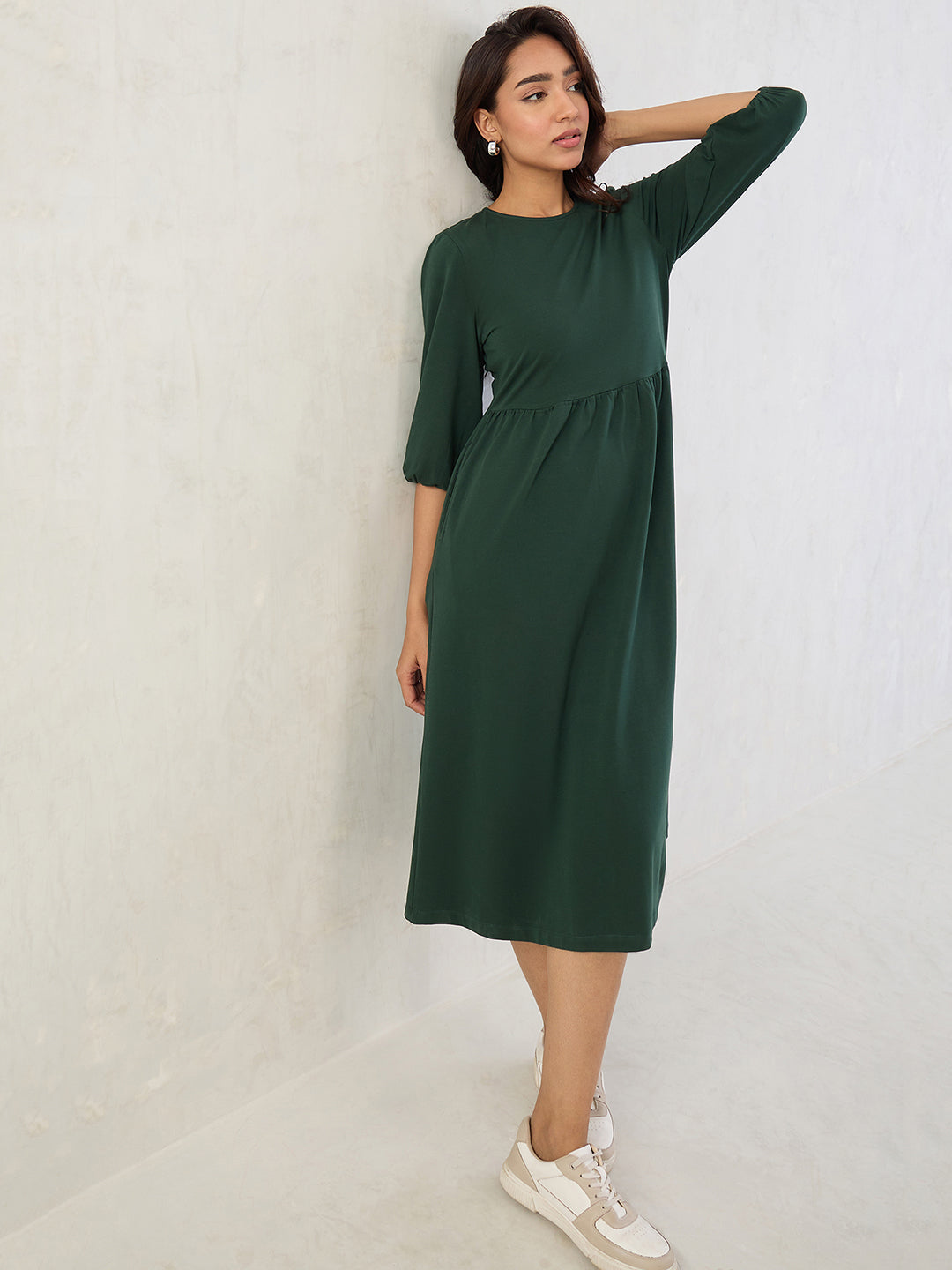 Forest Green Cotton Knitted Midi Dress