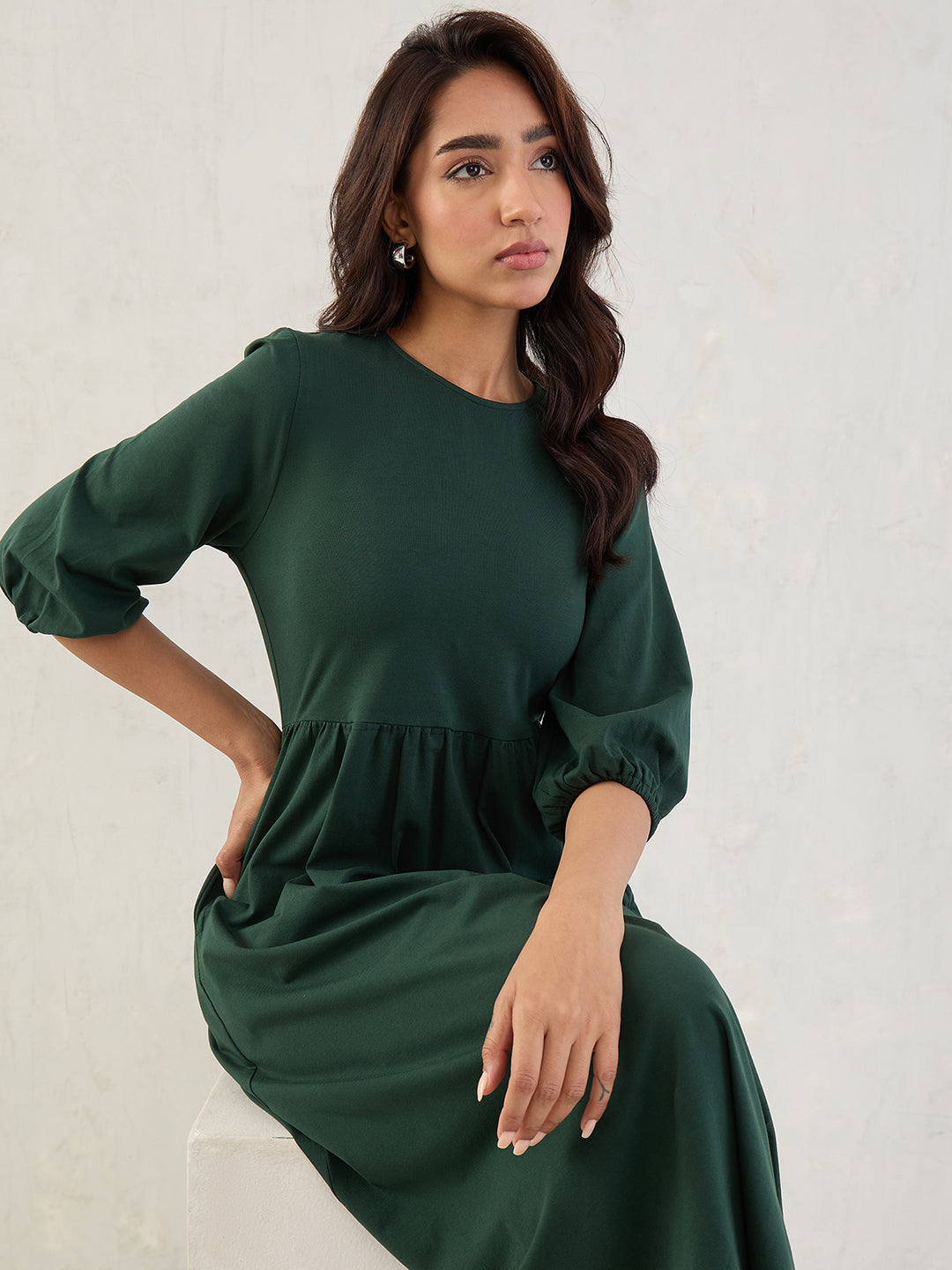Forest Green Cotton Knitted Midi Dress