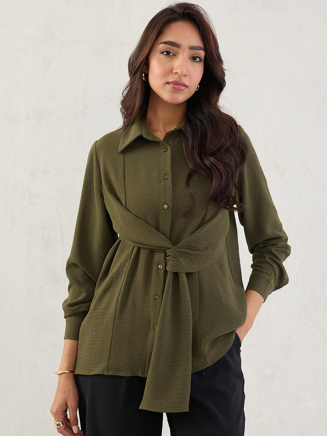 Olive Button Down Drape Shirt