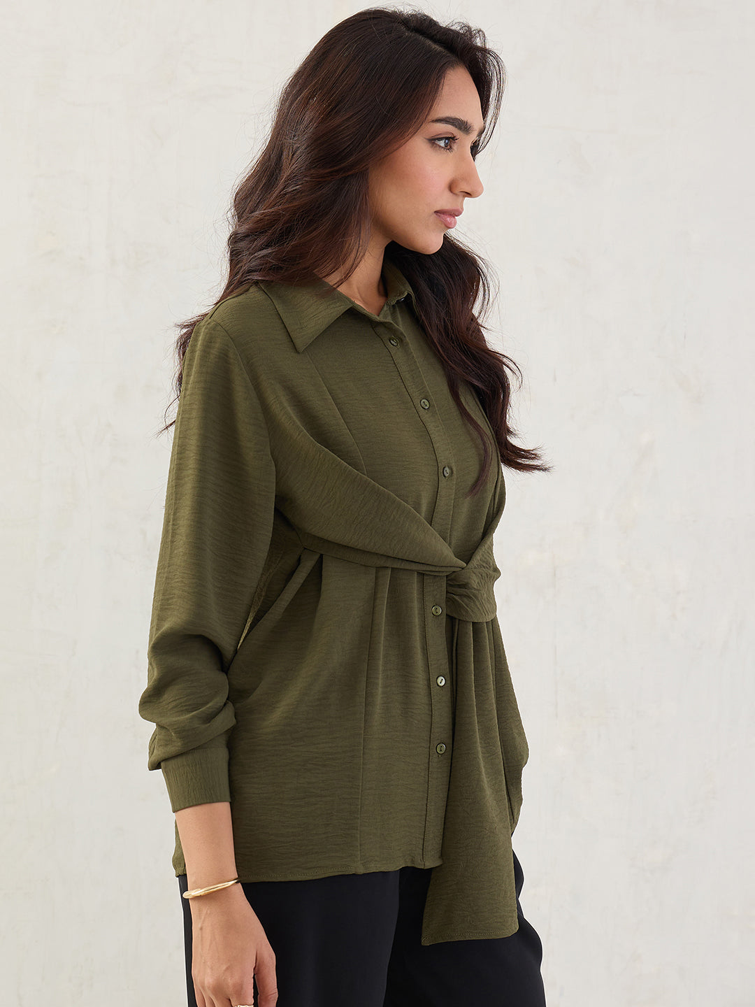 Olive Button Down Drape Shirt