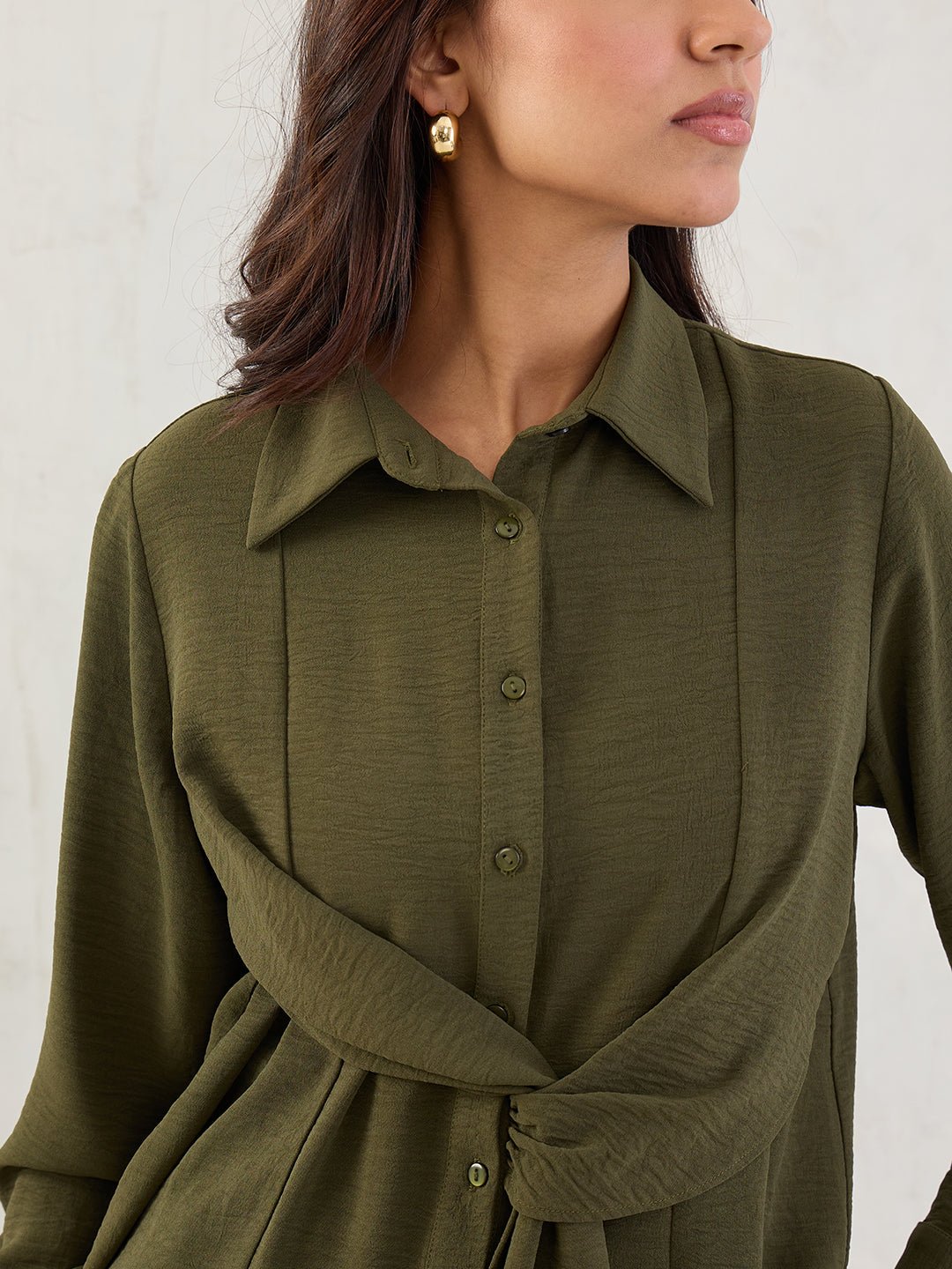 Olive Button Down Drape Shirt
