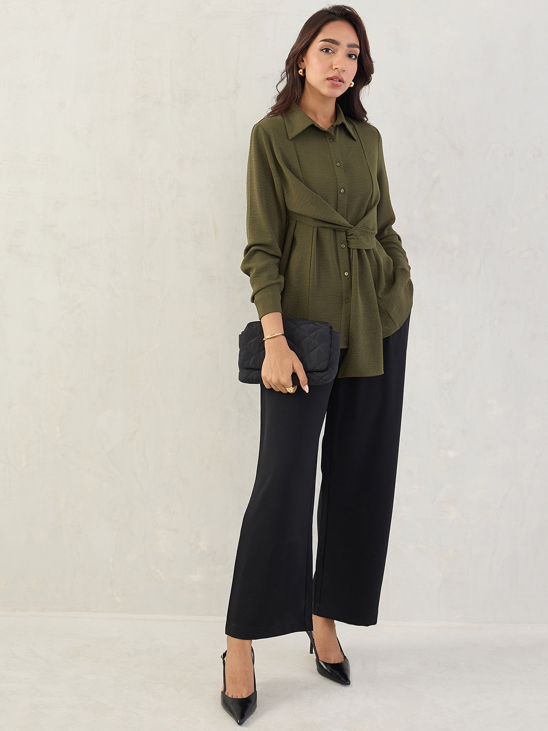 Olive Button Down Drape Shirt