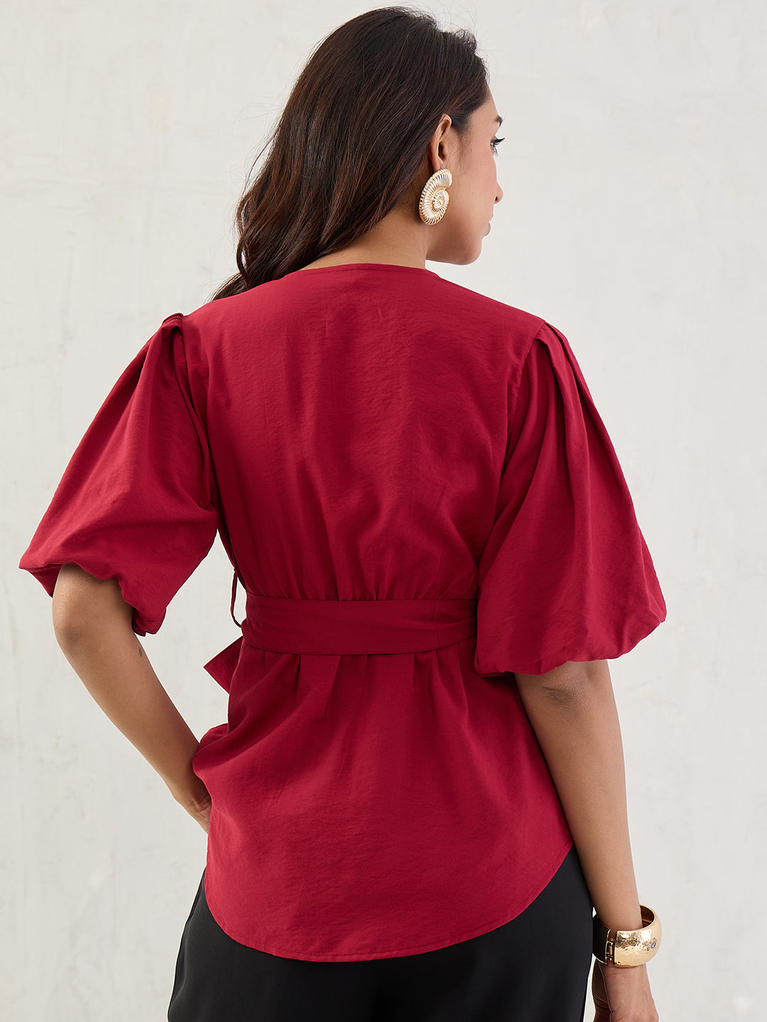 Cranberry Puff Sleeves Wrap Top