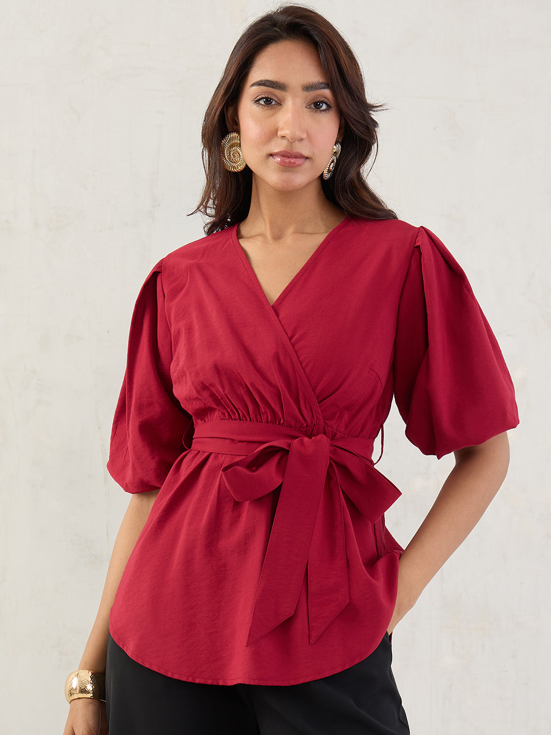Cranberry Puff Sleeves Wrap Top