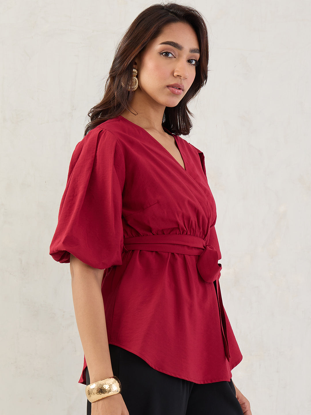 Cranberry Puff Sleeves Wrap Top