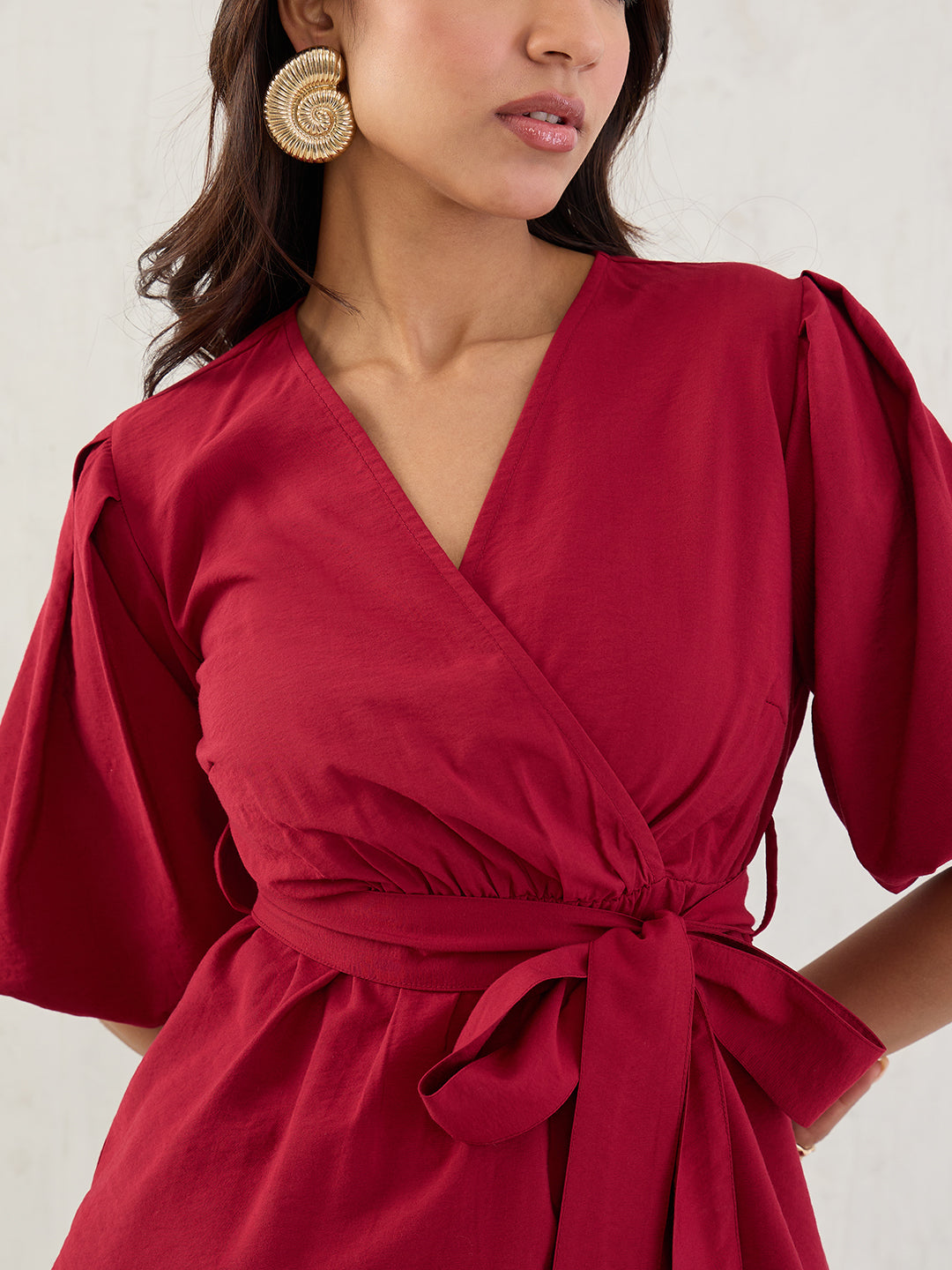 Cranberry Puff Sleeves Wrap Top