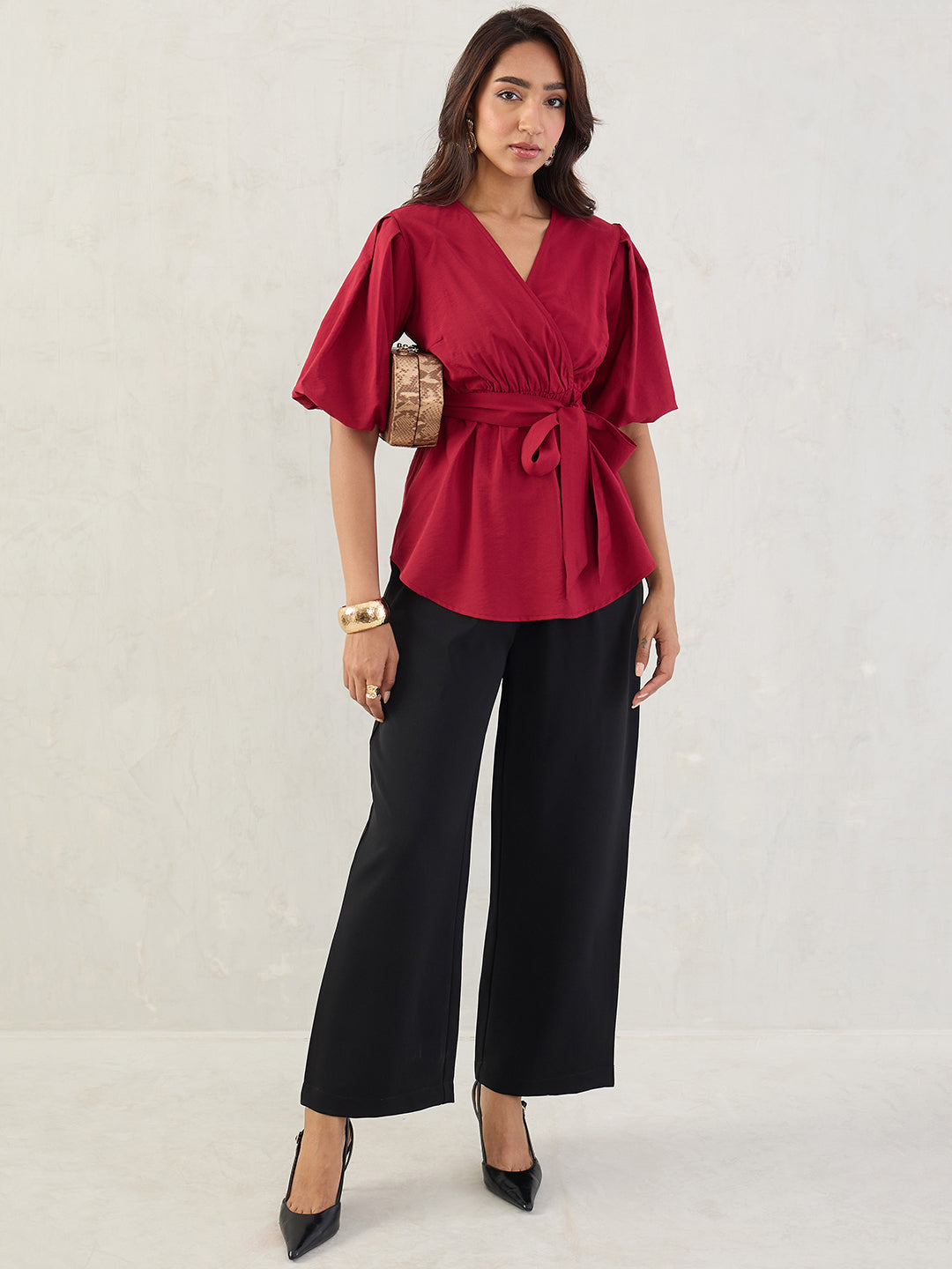 Cranberry Puff Sleeves Wrap Top