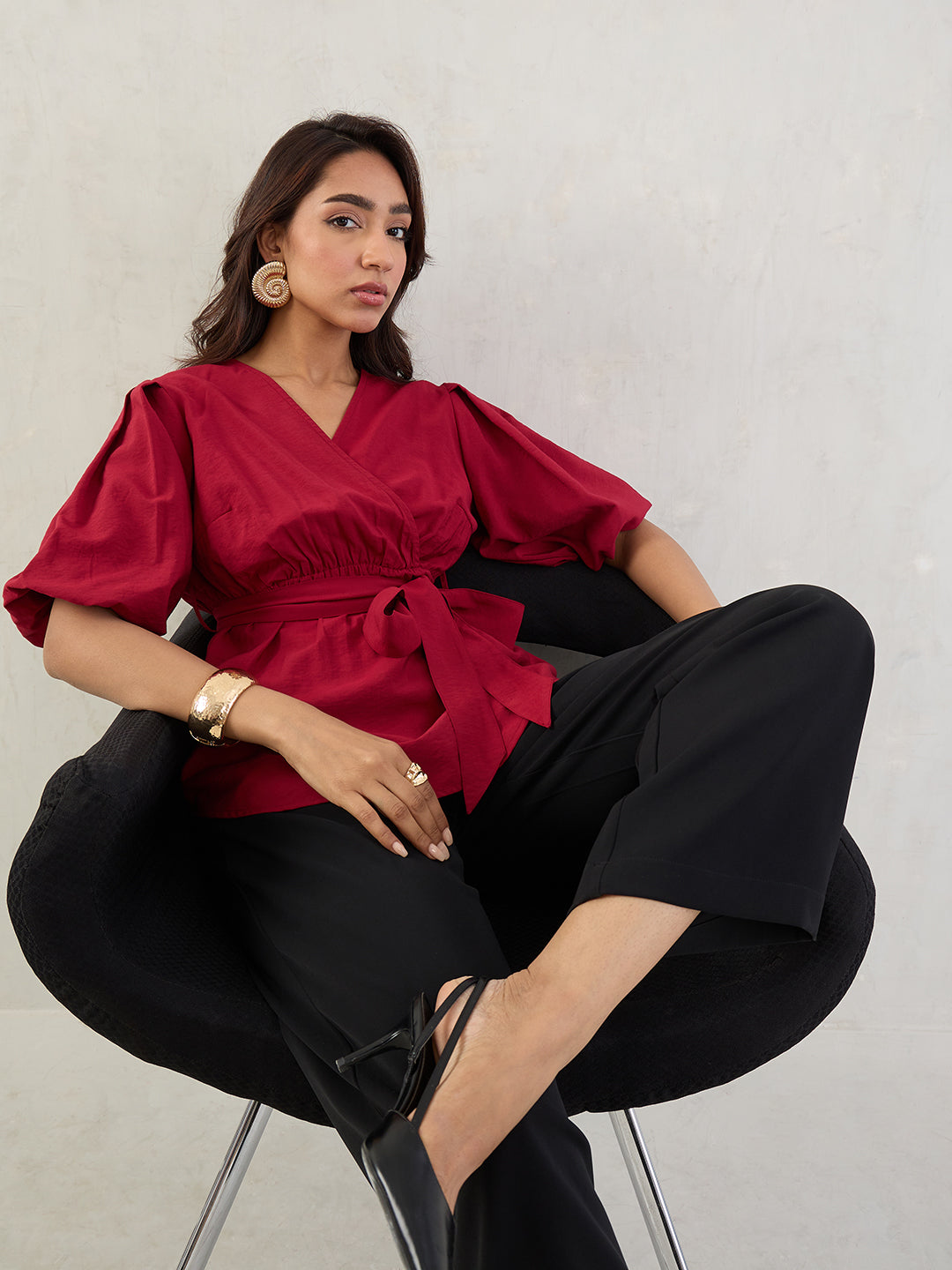 Cranberry Puff Sleeves Wrap Top