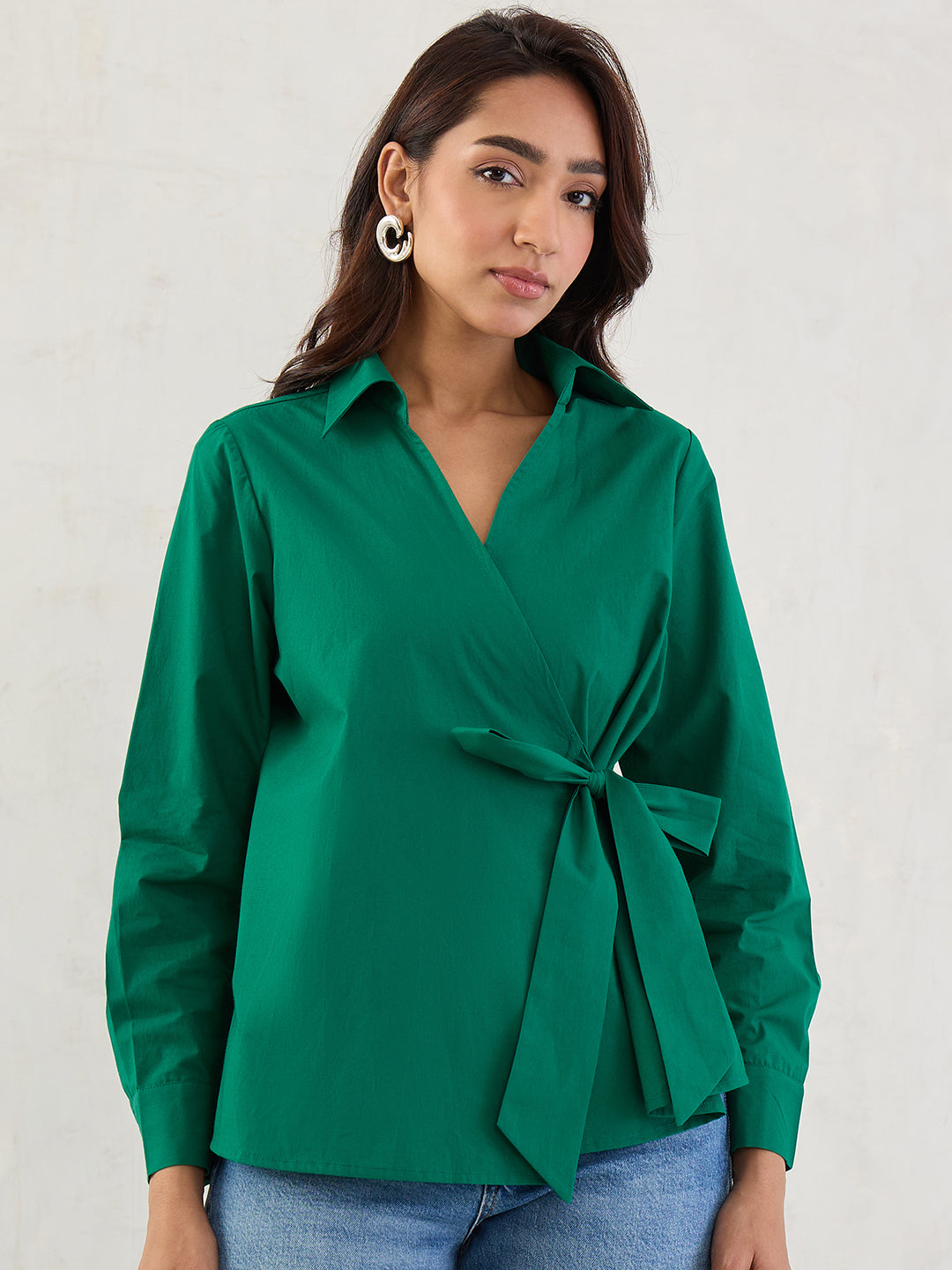 Green Poplin Wrap Top