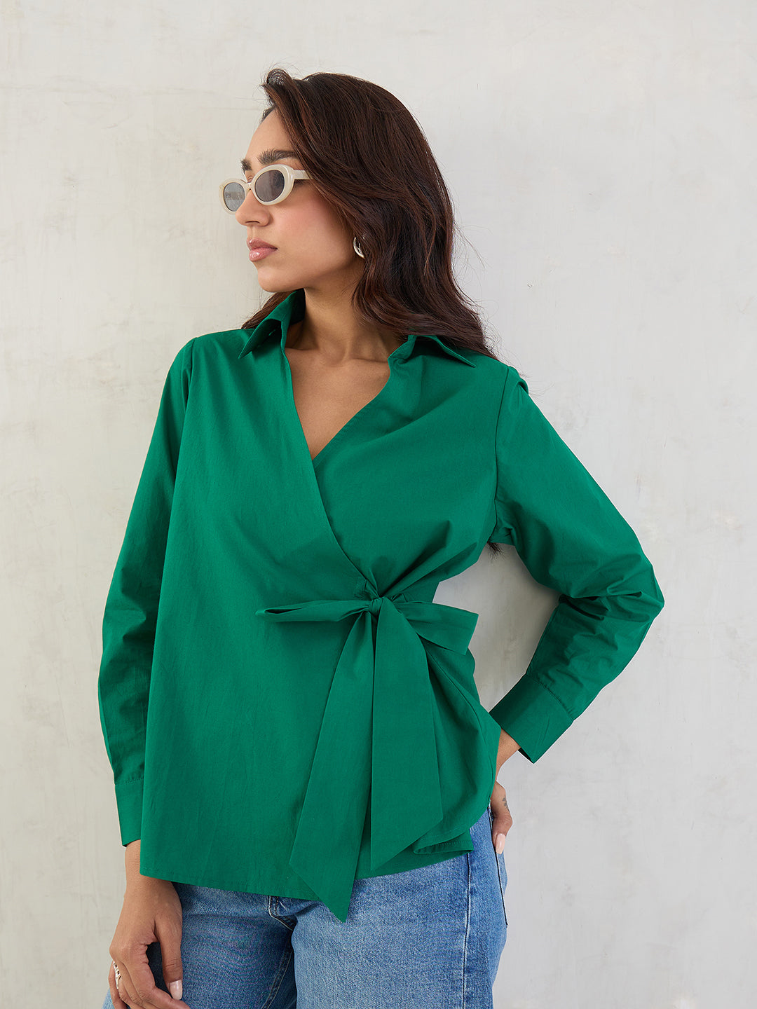 Green Poplin Wrap Top