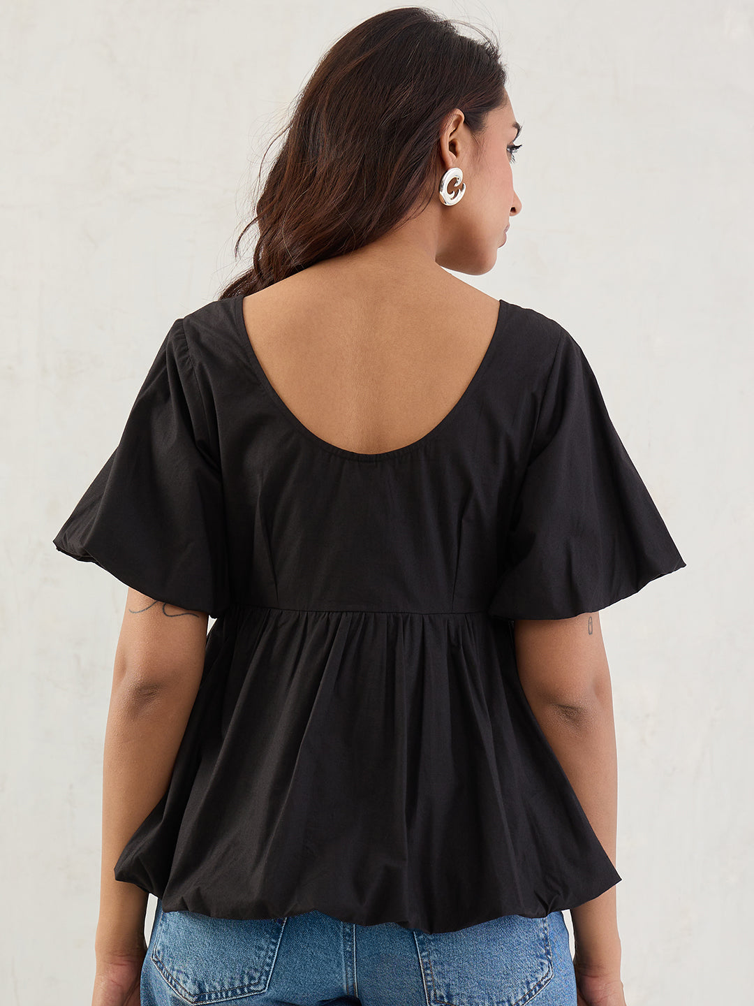 Black Poplin Bubble Hem Top