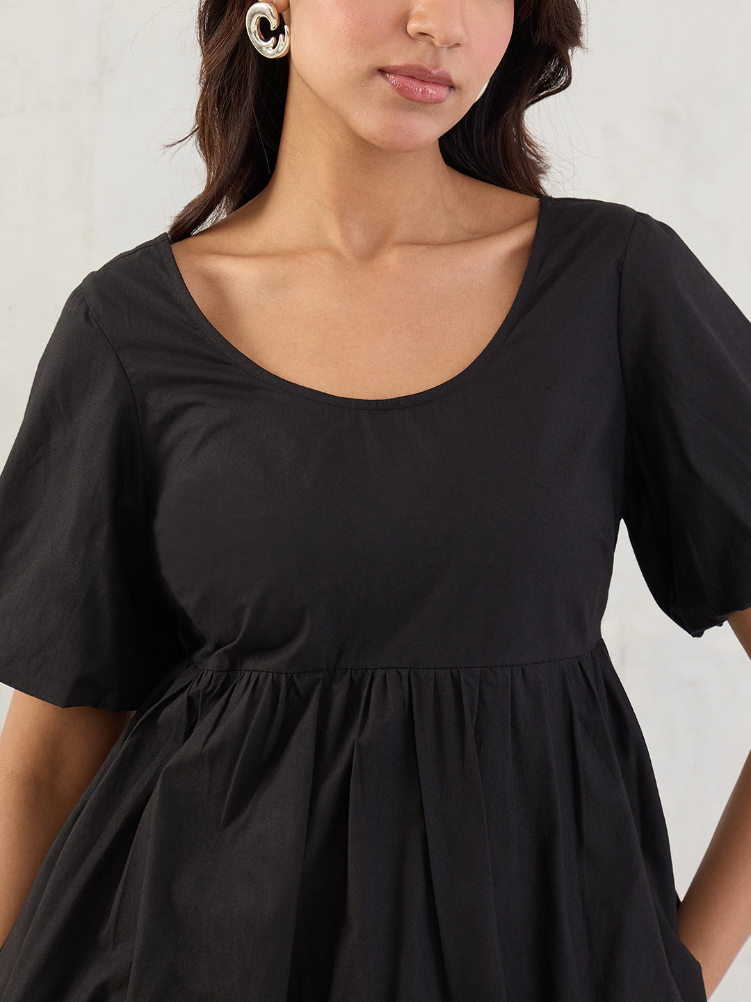 Black Poplin Bubble Hem Top