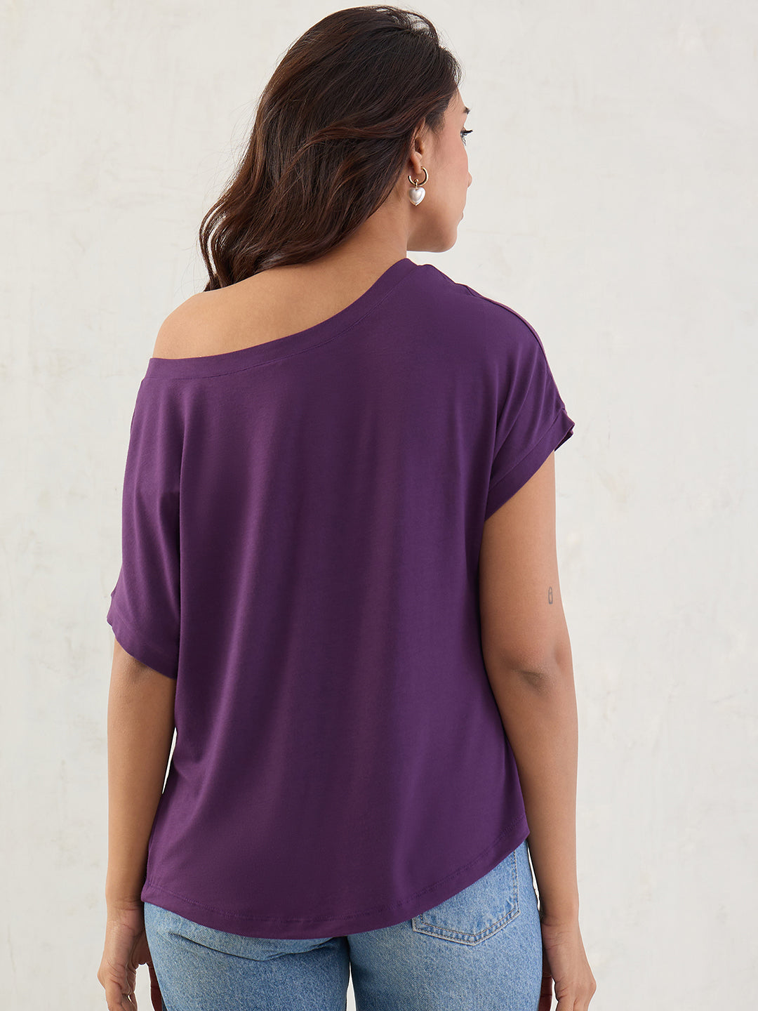 Bamboo Deep Purple Knit Off Shoulder Top