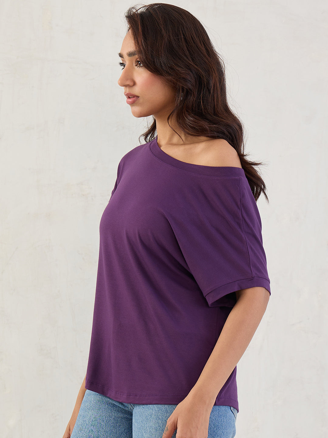 Bamboo Deep Purple Knit Off Shoulder Top