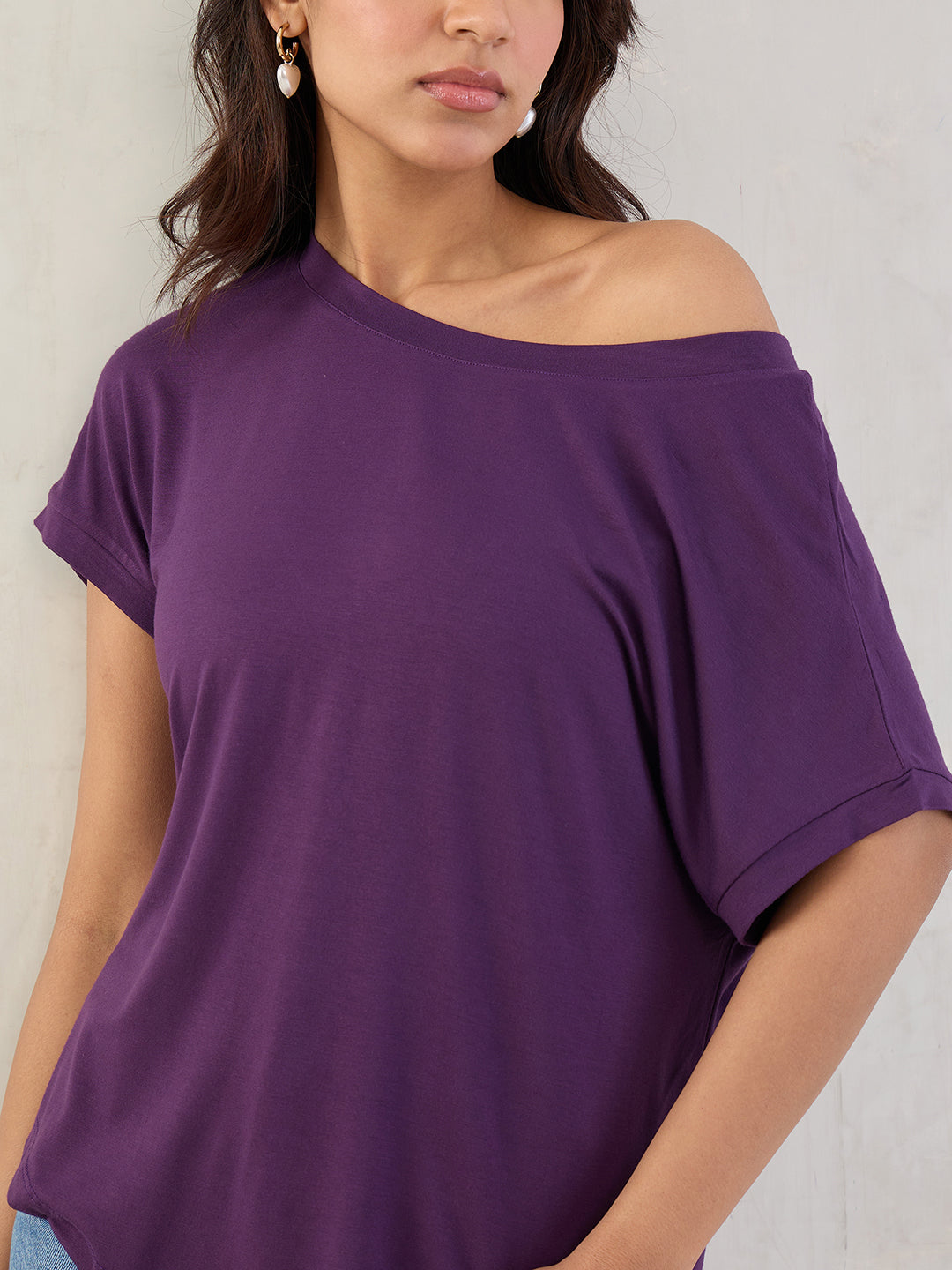 Bamboo Deep Purple Knit Off Shoulder Top