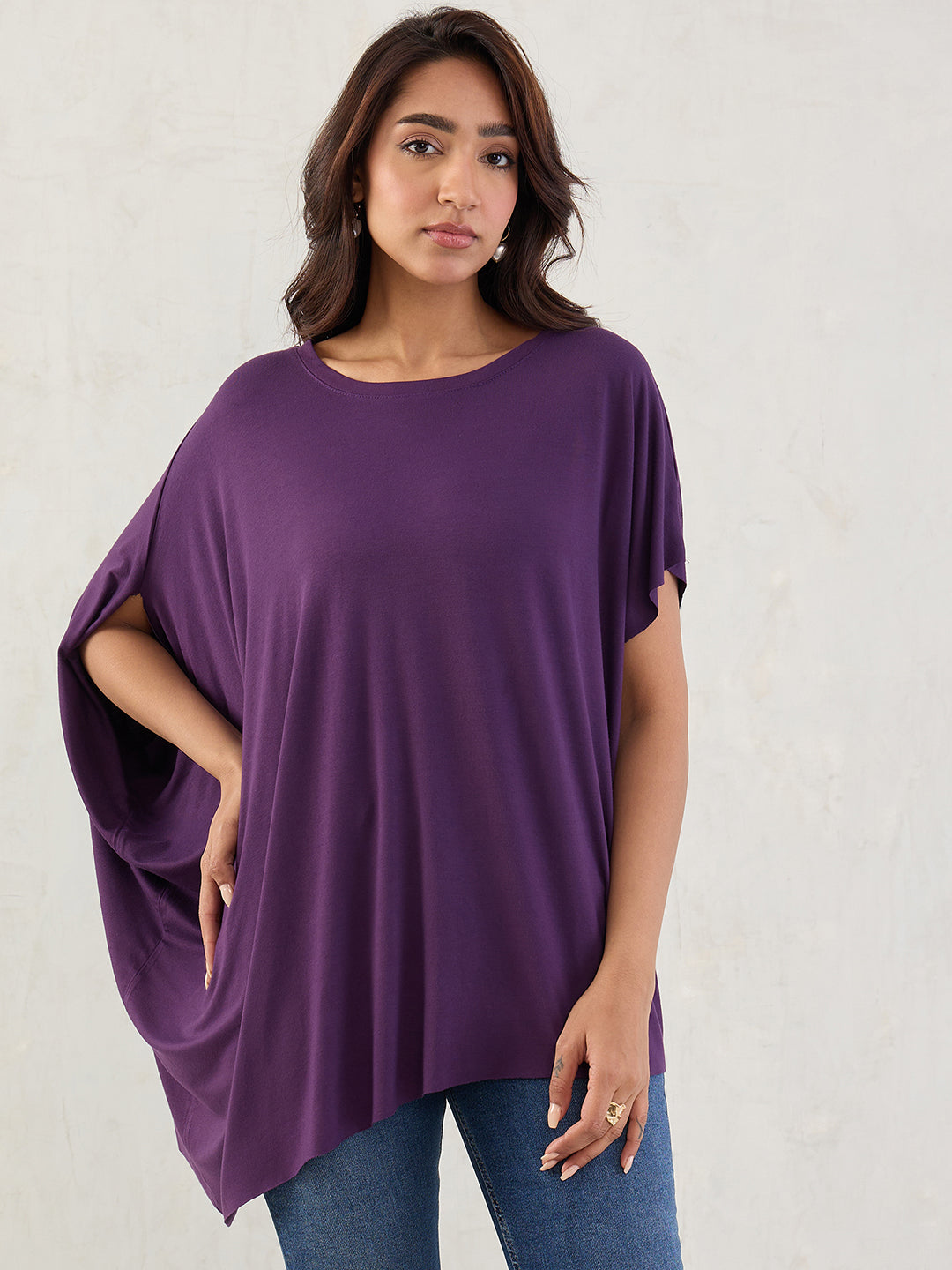 Bamboo Deep Purple Knit Asymmetrical Top