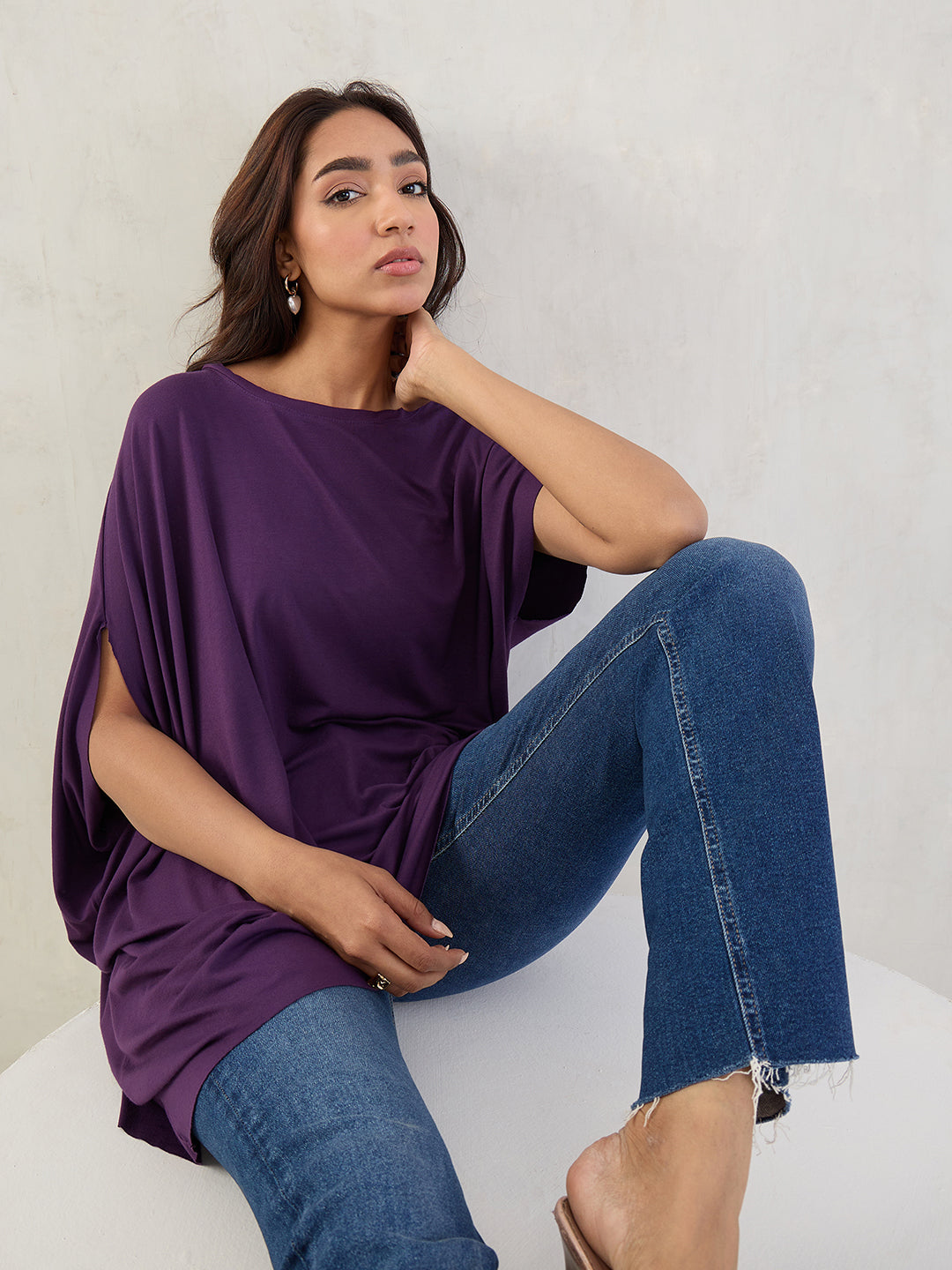 Bamboo Deep Purple Knit Asymmetrical Top