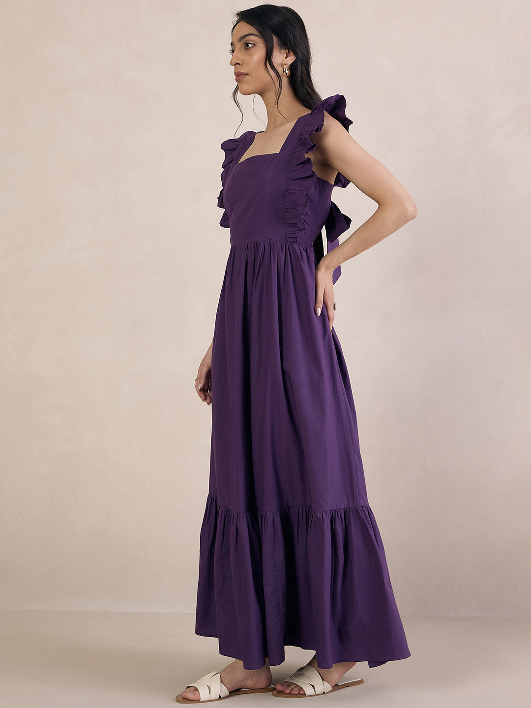 Purple Poplin Back Tie-Up Maxi Dress
