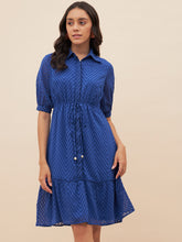 Blue Chevron Dobby Drawstring Detail Knee Length Dress