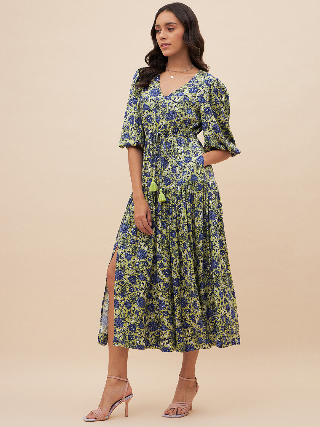 Blue And Green Floral Slit Maxi Dress